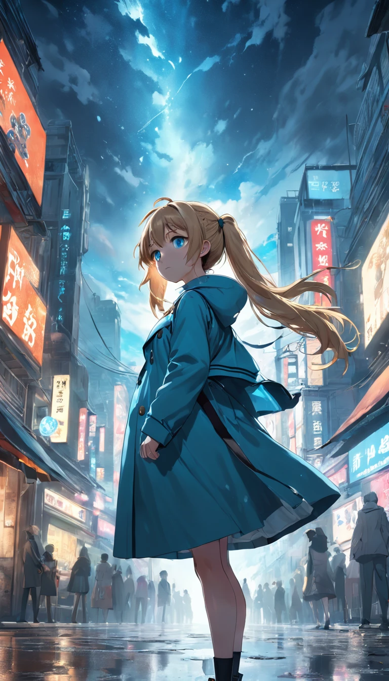(Best quality), ((Masterpiece), (high resolution), illustration, Original, extremelydetailedwallpaper, 1 beautiful sky for girls, Cinematic lighting, Dramatic angles,Extremely detailed Cg Unity 8K wallpaper, Movie highlights hair, Studio photography, street, Starbucks in hand, Stand on the bustling streets, rainy days, Melancholy, Looking up, Burberry Trench, plant, crown, Lonely girl (Girl: 1), Turquoise blue eyes, pony tails,(black: 1.2), (Yellow: 0.5), (Blue: 1), (Red: 0.4), (White: 0.9)