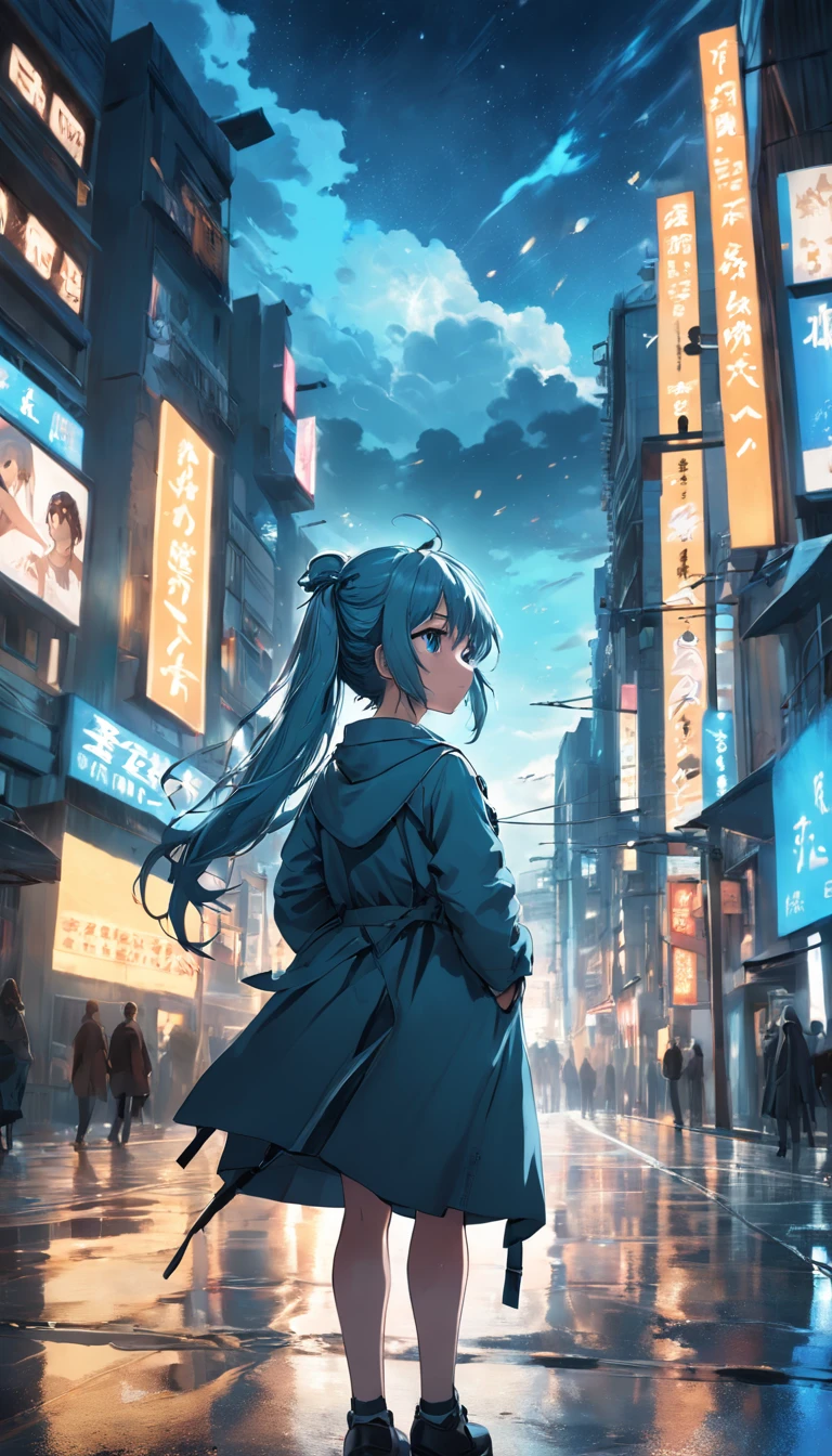 (Best quality), ((Masterpiece), (high resolution), illustration, Original, extremelydetailedwallpaper, 1 beautiful sky for girls, Cinematic lighting, Dramatic angles,Extremely detailed Cg Unity 8K wallpaper, Movie highlights hair, Studio photography, street, Starbucks in hand, Stand on the bustling streets, rainy days, Melancholy, Looking up, Burberry Trench, plant, crown, Lonely girl (Girl: 1), Turquoise blue eyes, pony tails,(black: 1.2), (Yellow: 0.5), (Blue: 1), (Red: 0.4), (White: 0.9)