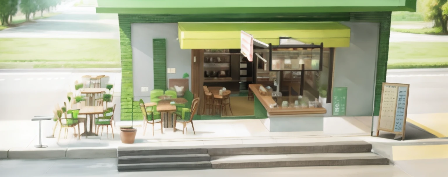 full cafe, daytime scene, with green trees, 3 people walking by.