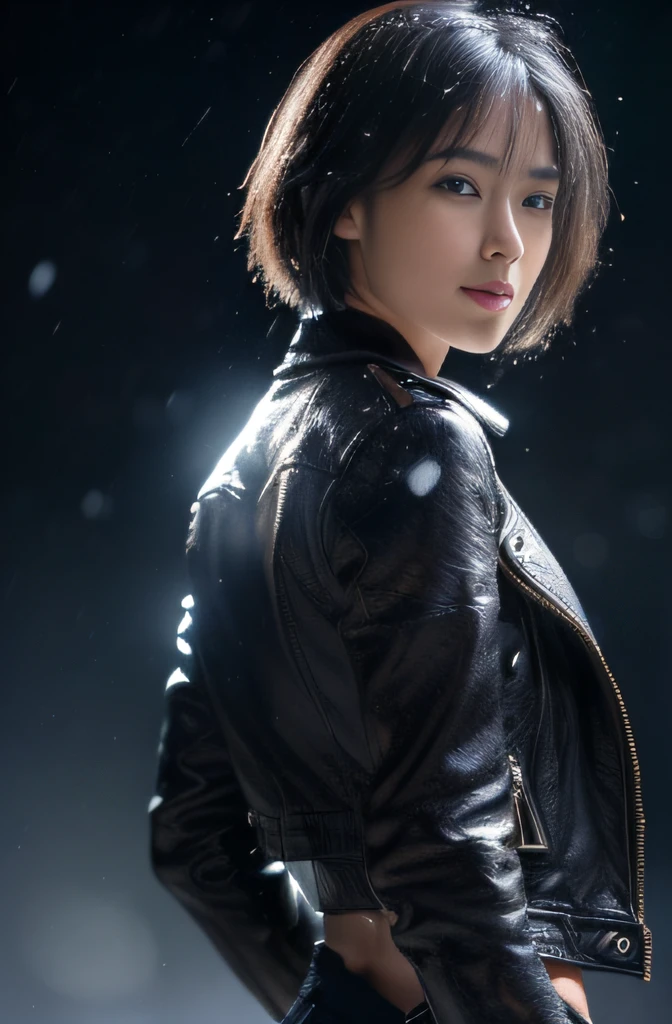 (masterpiece, top-quality:1.3), (Ultra detailed 8K cg:1.2), (hyper realisitic:1.35), (Photorealistic:1.45), (Realistic:1.4), 1 beautiful Japanese girl, Very short hair, Tanned skin, flat chest, gal make, Dynamic lighting, leather jacket with less cloth, (black background:1.2), (cowboy shot), dynamic pose, back lighting, (snow falling in the background:1.3),
