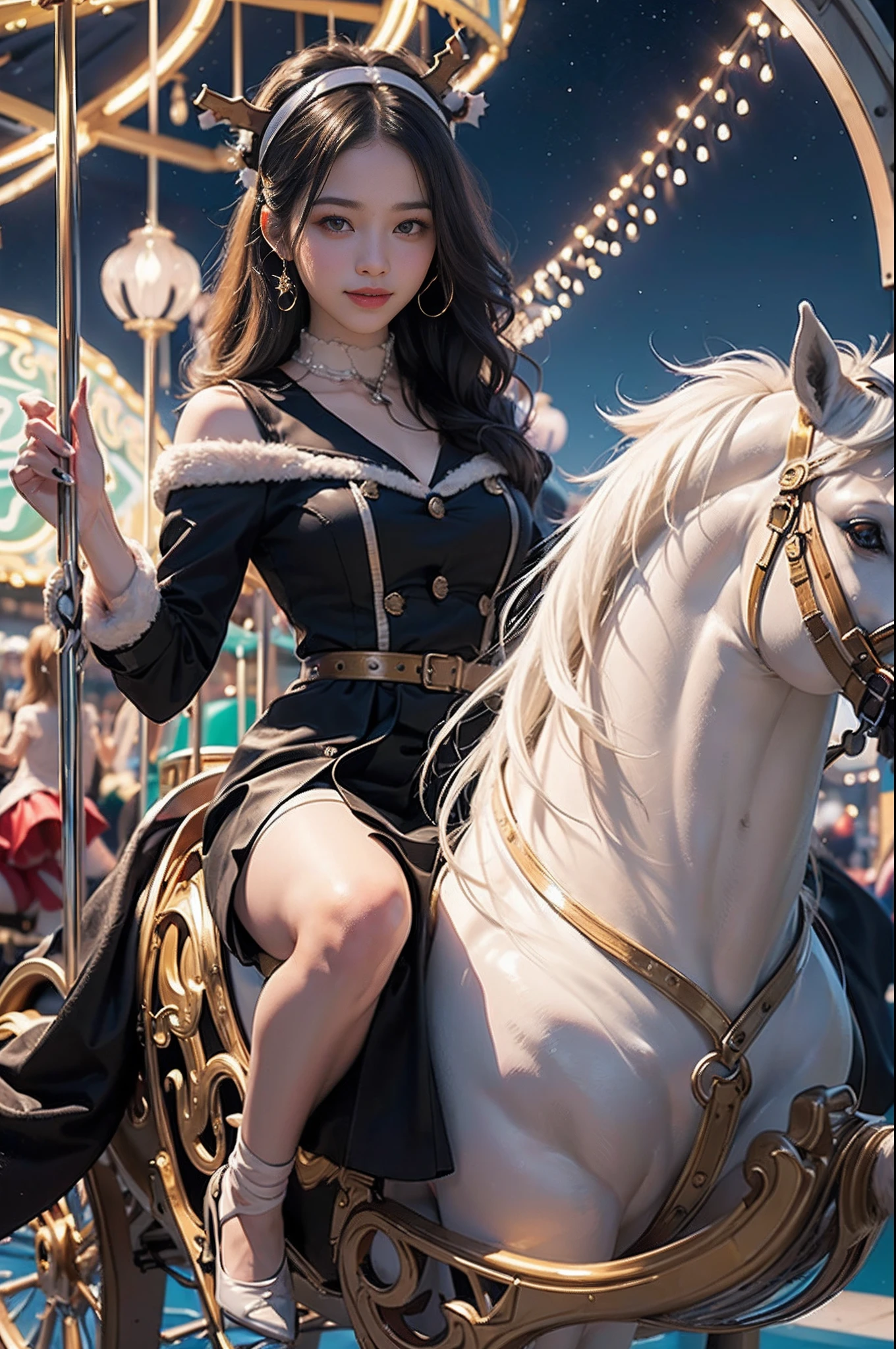 (8K、top-quality、超A high resolution、masterpiece:1.2)、(Photorealsitic:1.4)、(detailed skins:1.3)、1人、Beautiful model at 18 years old、Perfect Style、Beautiful Japan actress、Fashionable clothing、Trendy clothes、(Detail Eye) 、A smile、(Night amusement park、Lit up、illuminations)、Luminous balloon、Happiness、the Ferris wheel、rollercoaster、Elaborate CG 8K wallpapers、dynamicposes、full body Esbian、beautiful lighting、profetional lighting、(foco nítido)、(Ride the merry-go-round:1.6)