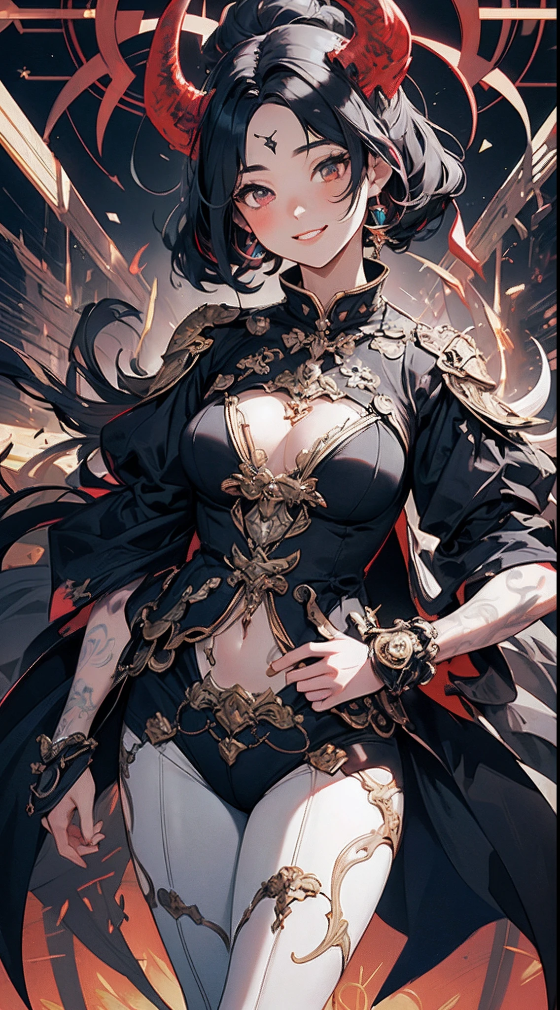 ((Demon God)),((A corner))，onimous，Hunting，innocent smiles，(1 girl, Solo:1.6),(Cute smile),(Clothes are simple), (Best Impact:1.5), (maximalism:1.7), Vivid contrast, (Realistic), hyperrealistic illustrations, hight resolution, ultra-detailliert, absurderes,(Fractal Art:1.3)、Random hairstyle、Random hair color colorful、FULL BODYSHOT、Retro、Precise focus、randome pose、cinema4d、Drama