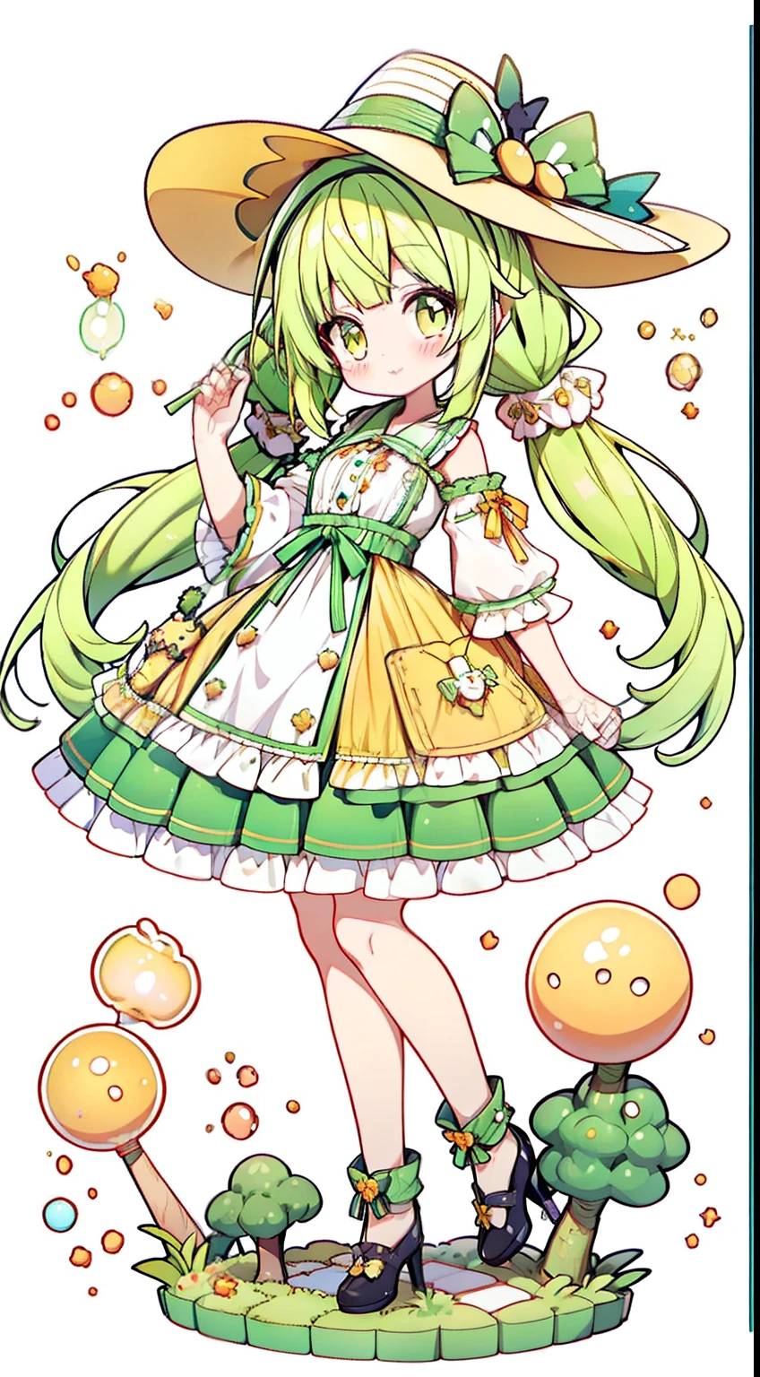 full body Esbian、Standing Picture、One girl、tmasterpiece、top-quality、Top image quality、Yellow-green hair、yellow eyes、double tails、Low Twin Tails、Summer hat、wide brimmed hat、summer  dress、White summer dress、Ren、Summer background，3Drenderingof，OC rendering，Bubble Mart，a blind box toy