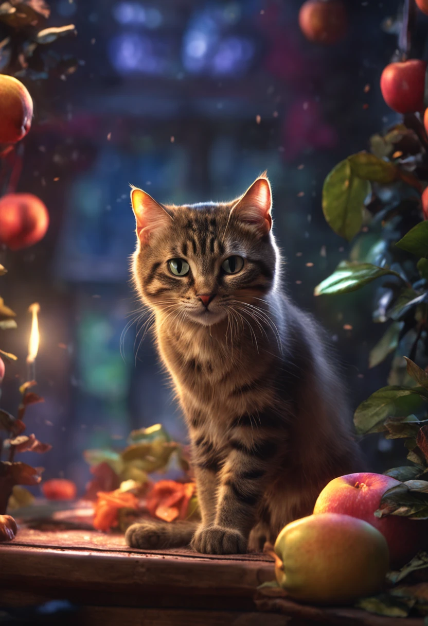 Cat eating an apple. Photo ultra realistic, colorful, intricate, ultra detailed artistic photography, colorful night aura, shadows, oil on canvas, brush strokes, smooth, ultra high definition, 32k, ultra sharp focus, intricate artwork masterpiece, ominous, matte painting movie poster, golden ratio, intricate, epic, highly detailed, vibrant, production cinematic character render, ultra high quality creation by Disney studios, photorealistic, seductively positioned,