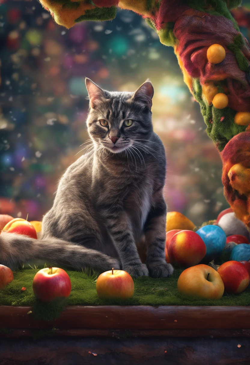 Cat eating an apple. Photo ultra realistic, colorful, intricate, ultra detailed artistic photography, colorful night aura, shadows, oil on canvas, brush strokes, smooth, ultra high definition, 32k, ultra sharp focus, intricate artwork masterpiece, ominous, matte painting movie poster, golden ratio, intricate, epic, highly detailed, vibrant, production cinematic character render, ultra high quality creation by Disney studios, photorealistic, seductively positioned,