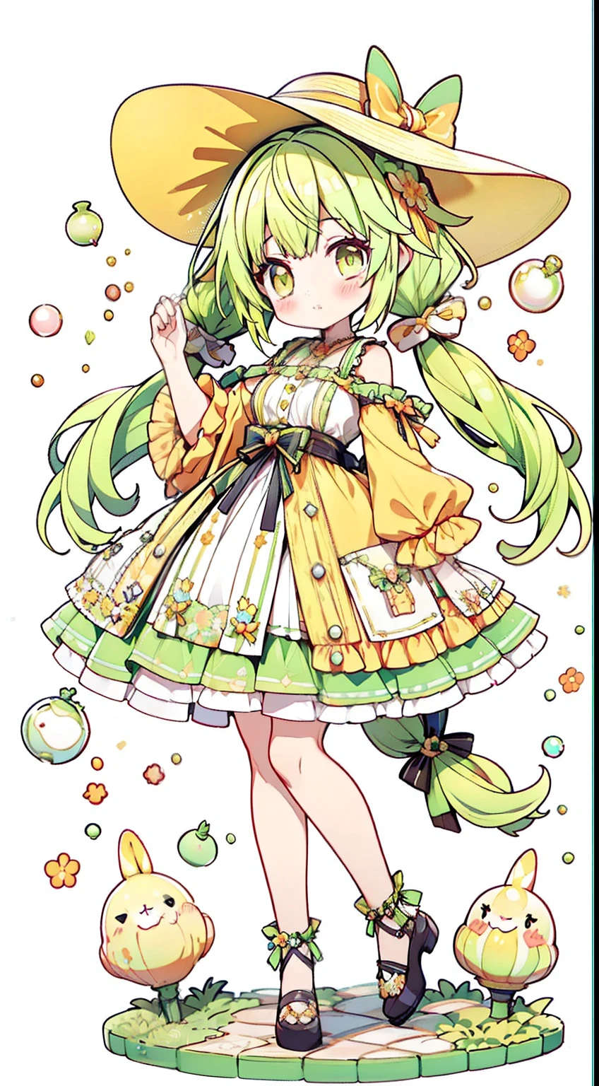 full body Esbian、Standing Picture、One girl、tmasterpiece、top-quality、Top image quality、Yellow-green hair、yellow eyes、double tails、Low Twin Tails、Summer hat、wide brimmed hat、summer  dress、White summer dress、Ren、Summer background，3Drenderingof，OC rendering，Bubble Mart，a blind box toy