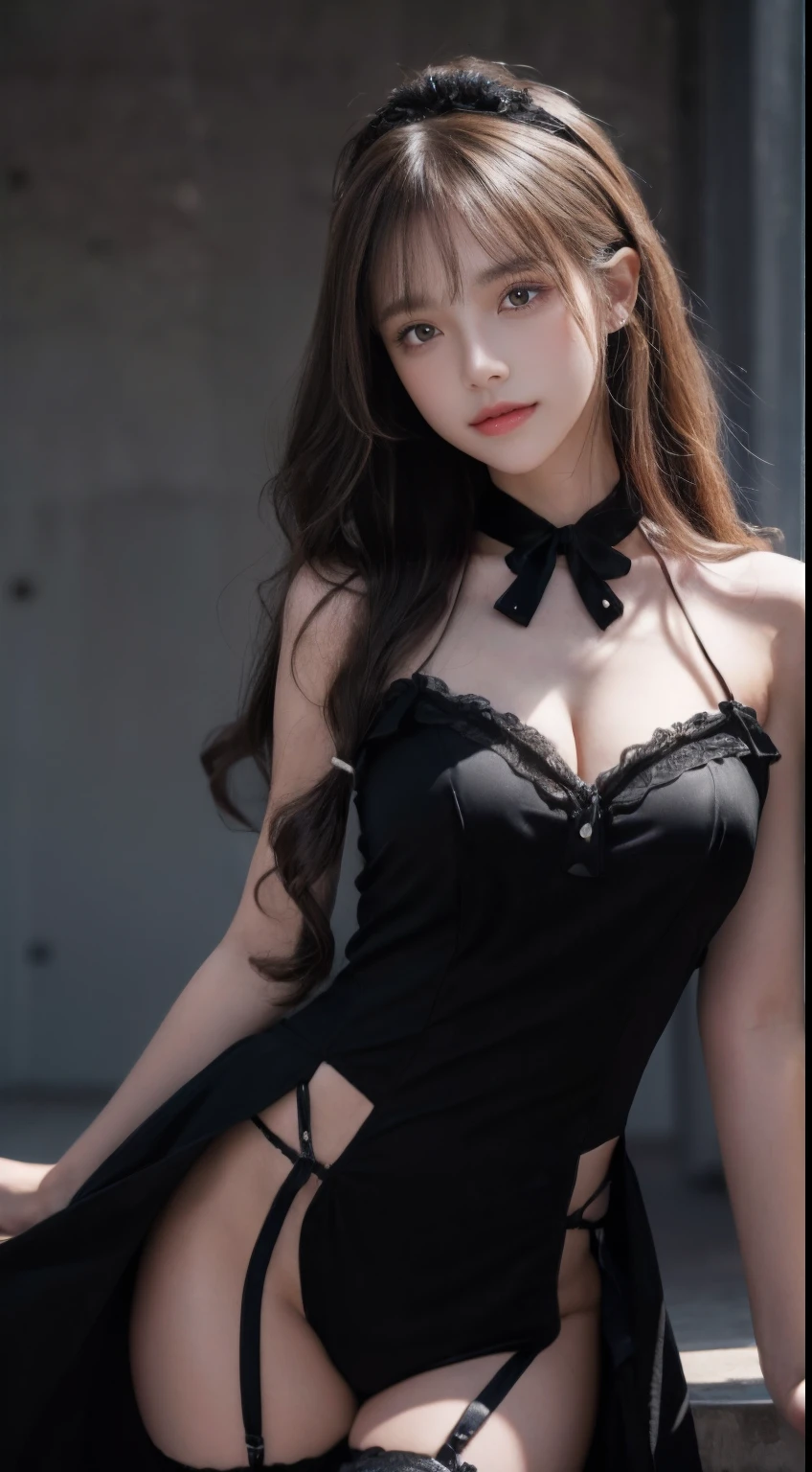 primitive, simulating, Nikon Z 85mm, award-winning glamour photograph, ((Best quality)), ((Masterpiece)), ((hentail realism)),((The lens focuses on the thigh)), 1girll,Solo,  ((Gorgeous ta costume:1.5 )),Masterpiece, Image of a, Natural skin, ,Simple gray-black walls， pretty eyes、Soft lashes，Darkens eyeshadow、The lips sparkle, Perfect eye makeup、Petite, ((Small breasts)), Innocent, 45-angle pace, seductive elegance, (( ssmile:1.2))、(Yellow ,Curly hair, Thick, Long hair), bright look, beautiful  face、perfect body figure, posing elegantly, A high resolution, Detailed facial features, High detail, Sharp focus, Aesthetic, Extremely detailed, max detail, Roughness, Real life, hyper realisitc, Photorealism, Photography, 8K  UHD,