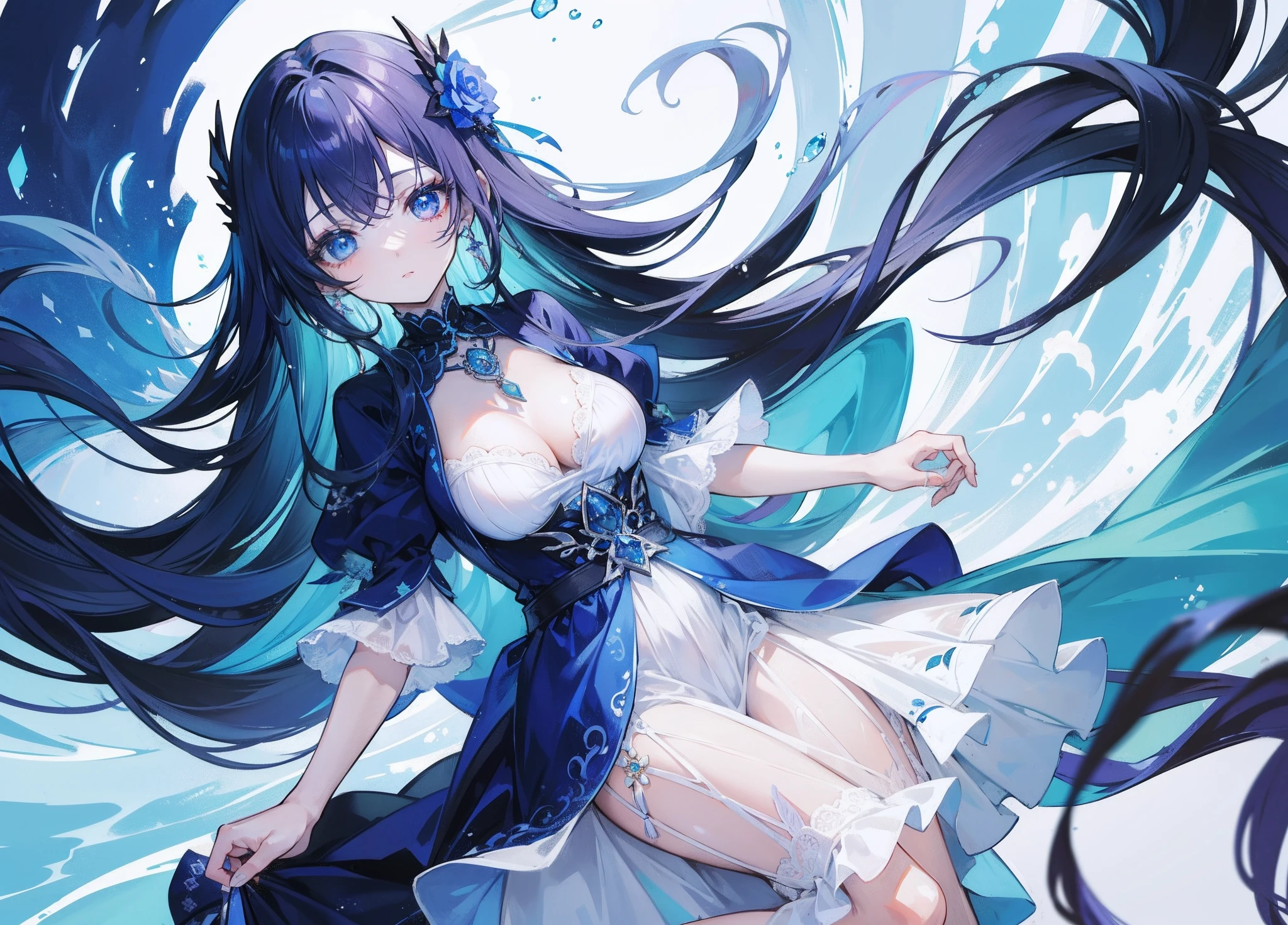 (top-quality)、Woman with deep colored eyes like the sea、Woman in dress wearing blue pendant、Longhaire