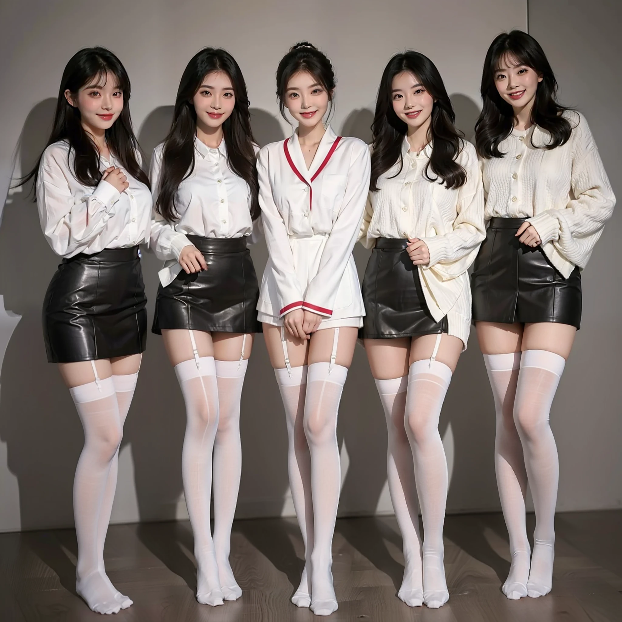 Five Korean beauties wearing ultra-thin women's stockings, bow socks, JK stockings, fashion beauty leg socks, standing together and smiling, showing the stockings they are wearing