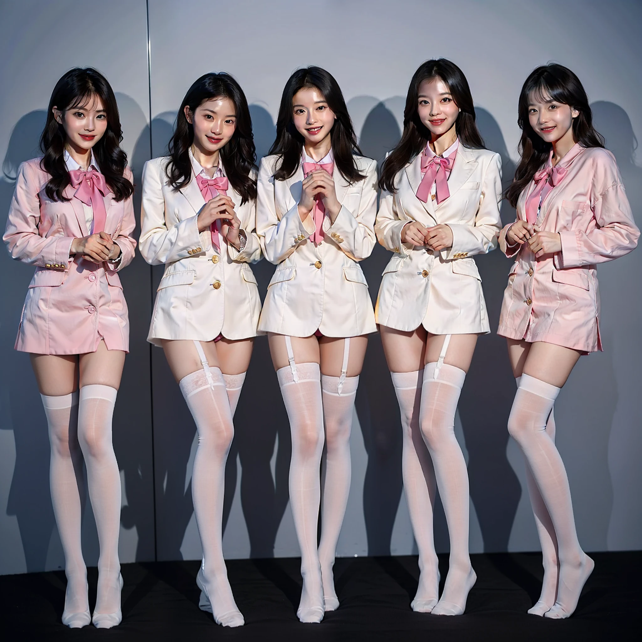 Five Korean beauties wearing ultra-thin women's stockings, bow socks, JK stockings, fashion beauty leg socks, standing together and smiling, showing the stockings they are wearing