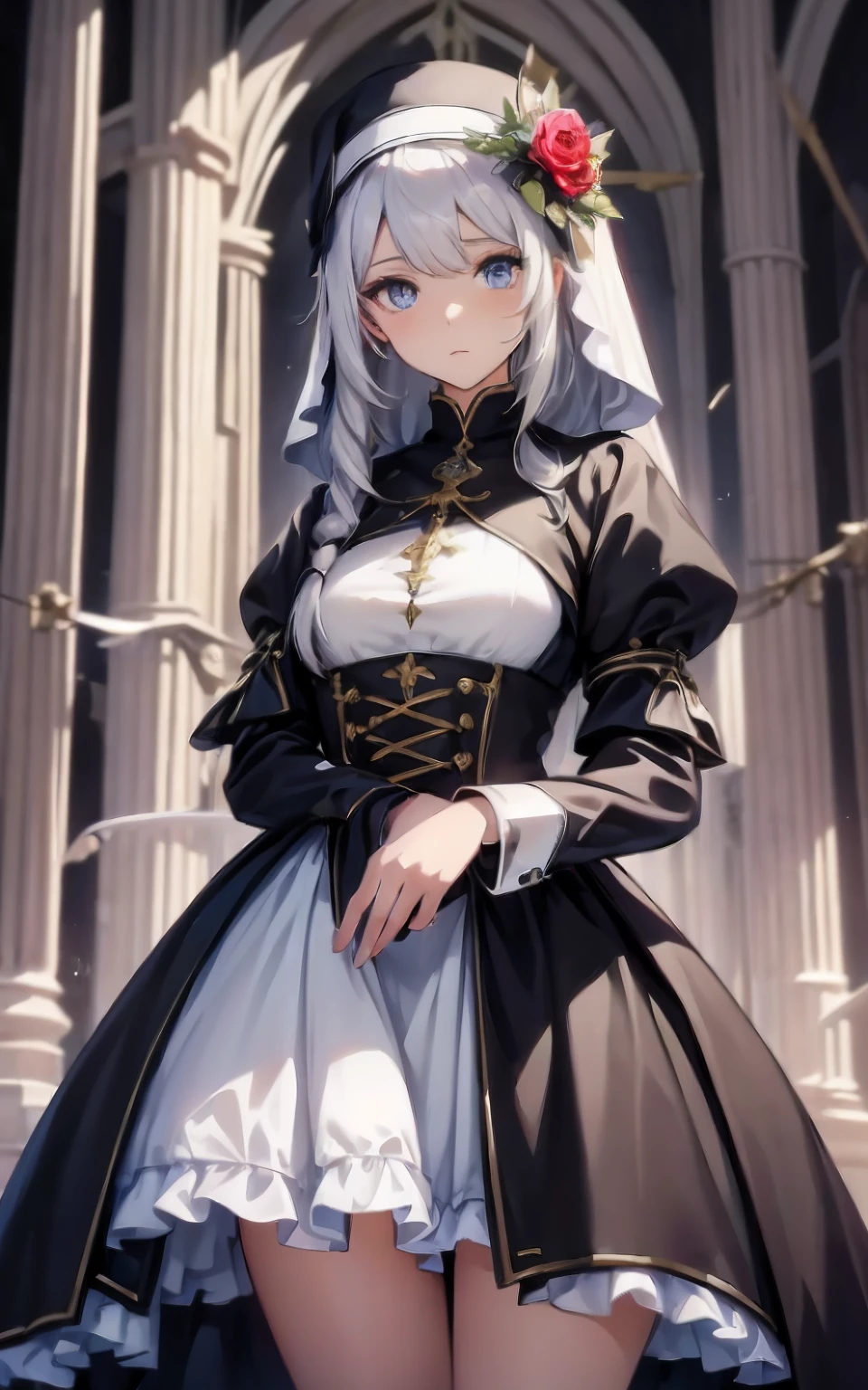best qualityer，tmasterpiece，Ultimate resolution，downy，Extremely colorful，Colorful，saintess，golden-white hair，a matural female，Crop topping，Nun dress and cheongsom，frilly panniers, The kinky is exposed，cathedrals，Sanctuary，Normal posture