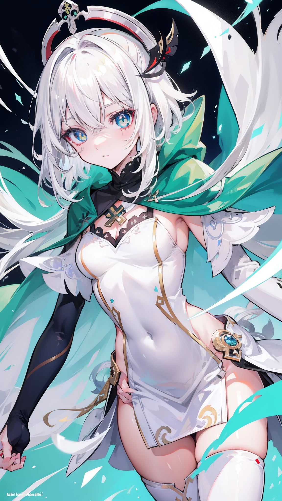 Nahida_Genshin,(White hair),cross-shaped pupils,default_dress,Green cape,