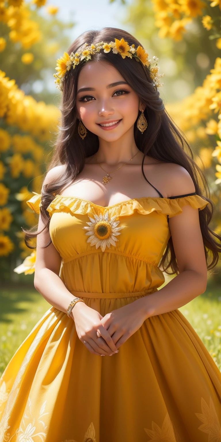 Maximum resolution 4k, (8k), Hermosa mujer, princesa de las flores, Reina de las flores, cheerful expression, hermosos ojos color miel, beautiful exotic figure, Alas de mariposa, Dream Field Fund, luz de primavera, natural  lighting