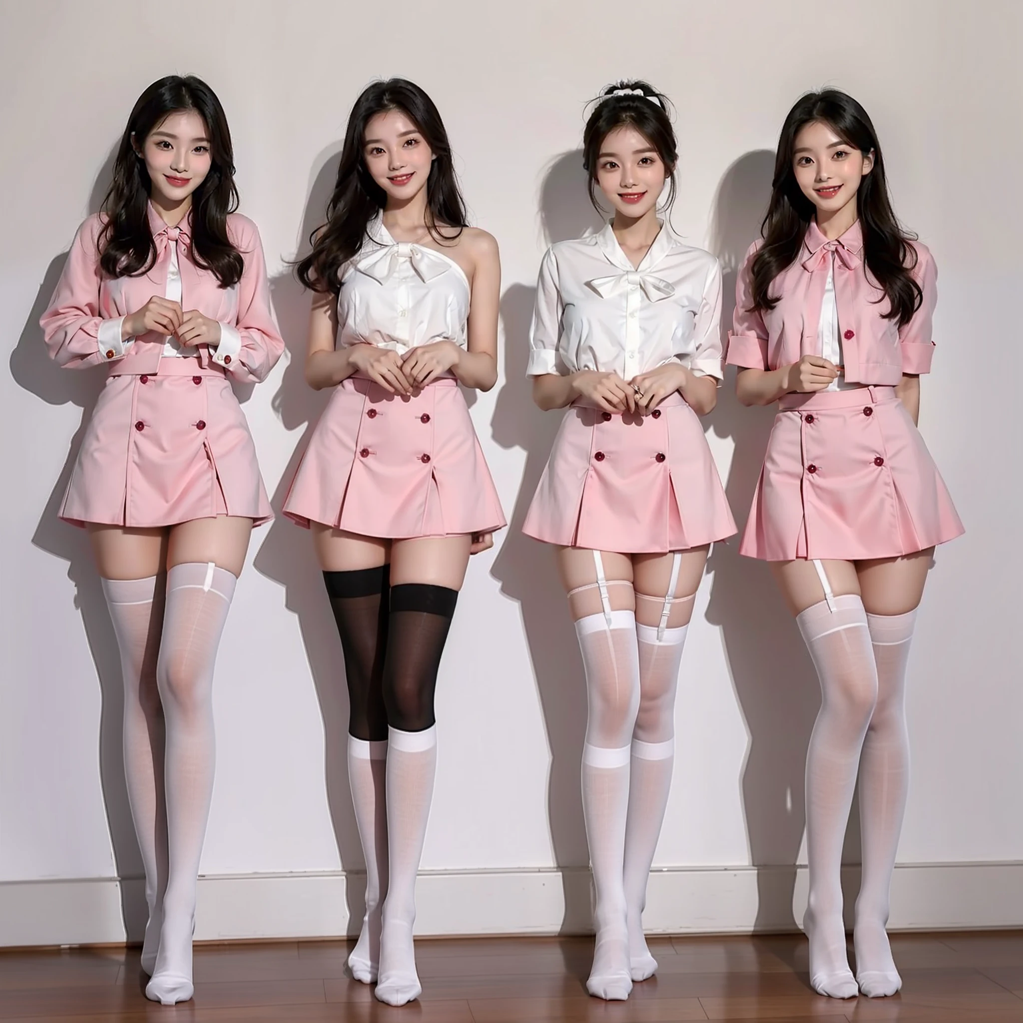 Five Korean beauties wearing ultra-thin women's stockings, bow socks, JK stockings, fashion beauty leg socks, standing together and smiling, showing the stockings they are wearing