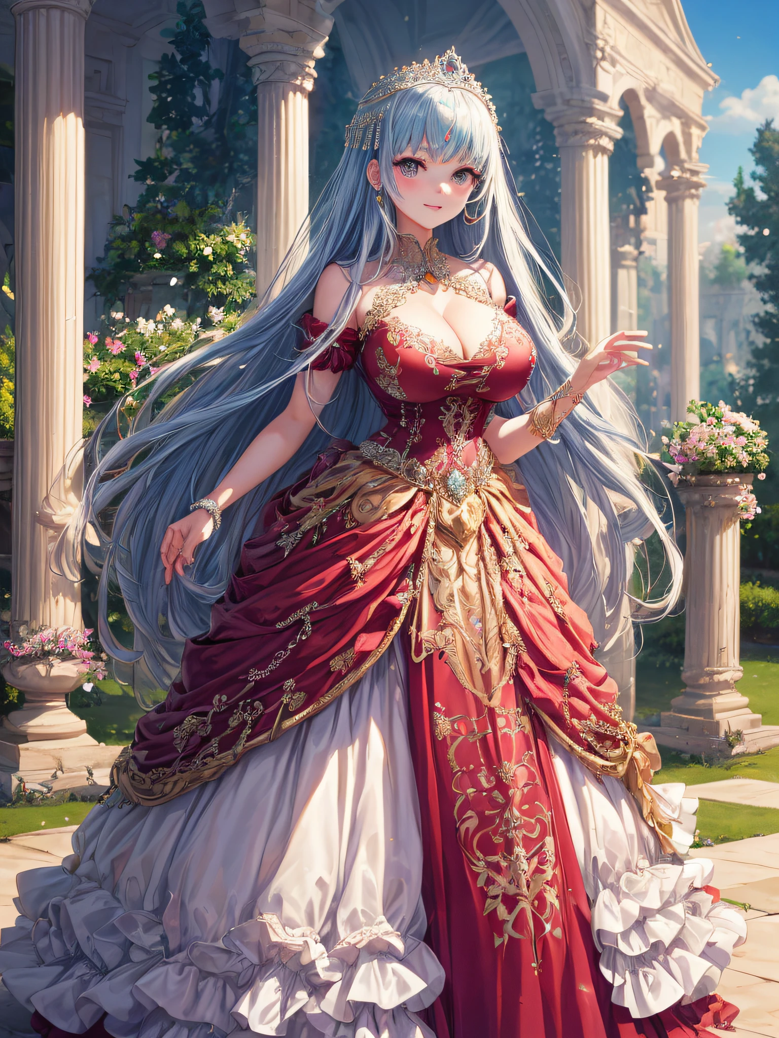 (masterpiece, best quality,extremely detailed,moe anime art style:1.2),1girl, (solo), cute, kawaii,digital art,((1 bling-bling anime princess wearing beautiful embroidery and jeweled gorgeous princess ballgown with voluminous full length hoop skirt)),((crinoline)),long train,voluminous frills,(gorgeous embroidery and beautiful lace),(very gigantic boobs,cleavage,skindentation),((shiny hair,absurdly voluminous straight hair,absurdly Long Hair)),(finely detailed face and eye),clear pupil,(bling-bling gorgeousfull jeweled big tiara),((bling-bling gorgeous gemstone jewelry)),long veil,((standing in beautiful garden)),flowers,flower petals flowing,standing pose,(dynamic angle),((beautiful embroidery and jeweled gorgeous princess ballgown with voluminous full length hoop skirt))