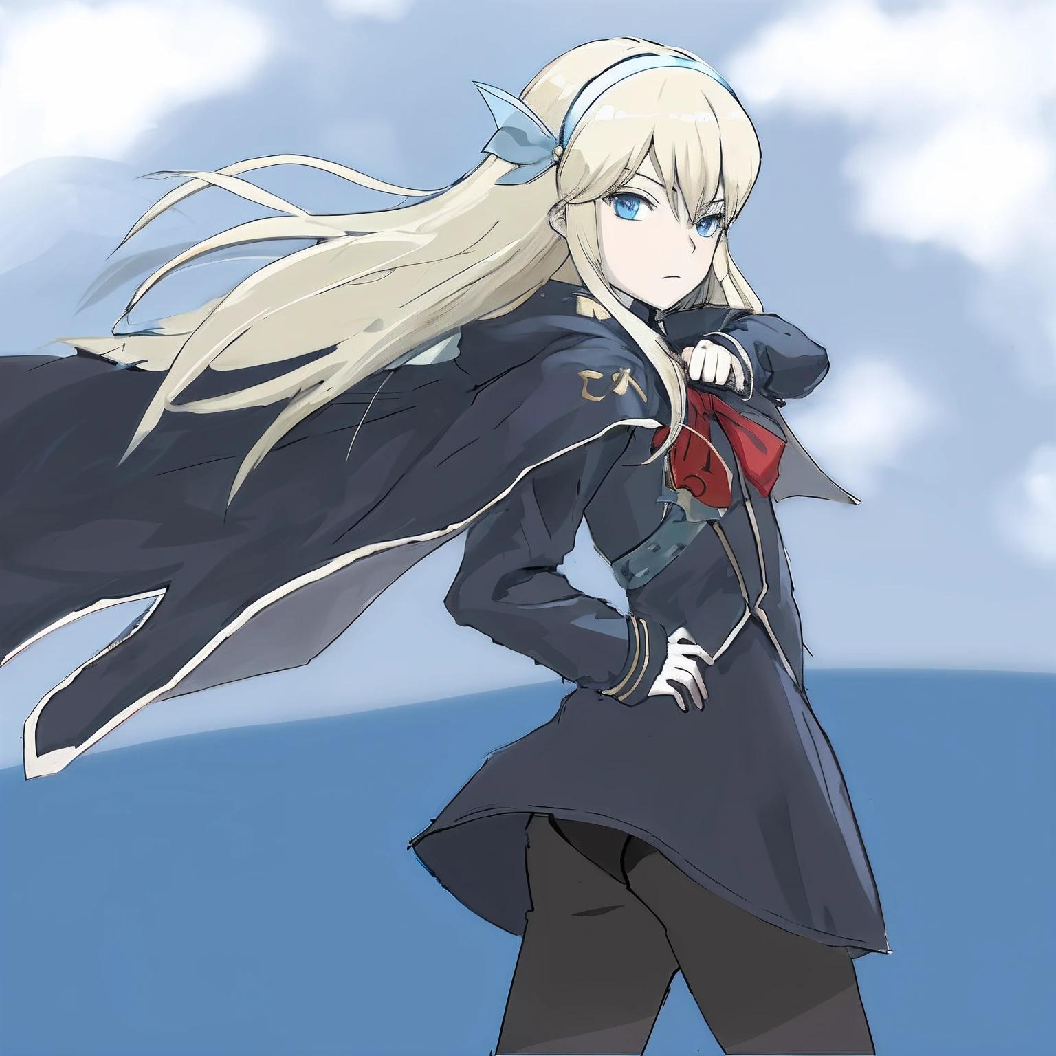 Anime girl with long blonde hair and blue eyes standing in front of blue sky, inspired by Li Chevalier, Artoria Pendragon, Blonde anime girl with long hair, cel - shaded art style, Female protagonist 👀 :8, badass posture, zerochan art, Ashe, style of anime，