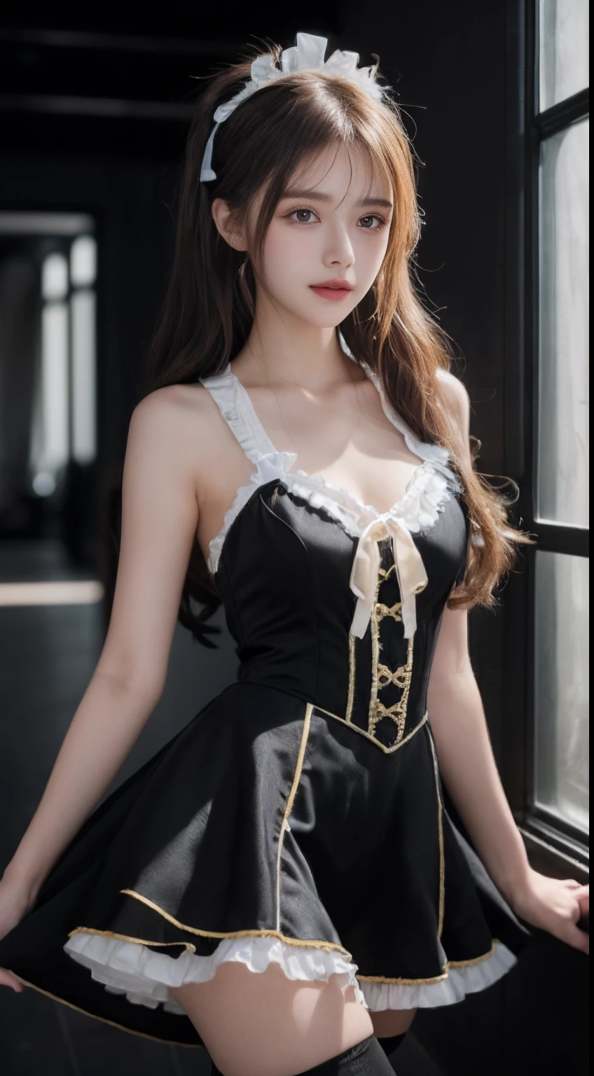 primitive, simulating, Nikon Z 85mm, award-winning glamour photograph, ((Best quality)), ((Masterpiece)), ((hentail realism)),((The lens focuses on the thigh)), 1girll,Solo,  ((Gorgeous ta costume:1.5 )),Masterpiece, Image of a, Natural skin, ,Simple gray-black walls， pretty eyes、Soft lashes，Darkens eyeshadow、The lips sparkle, Perfect eye makeup、Petite, ((Small breasts)), Innocent, 45-angle pace, seductive elegance, (( ssmile:1.2))、(Yellow ,Curly hair, Thick, Long hair), bright look, beautiful  face、perfect body figure, posing elegantly, A high resolution, Detailed facial features, High detail, Sharp focus, Silky, Aesthetic, Extremely detailed, , Photorealistic, hentail realism, Post-processing, max detail, Roughness, Real life, hyper realisitc, Photorealism, Photography, 8K  UHD,Photography, Semi-silhouette light, russian face,