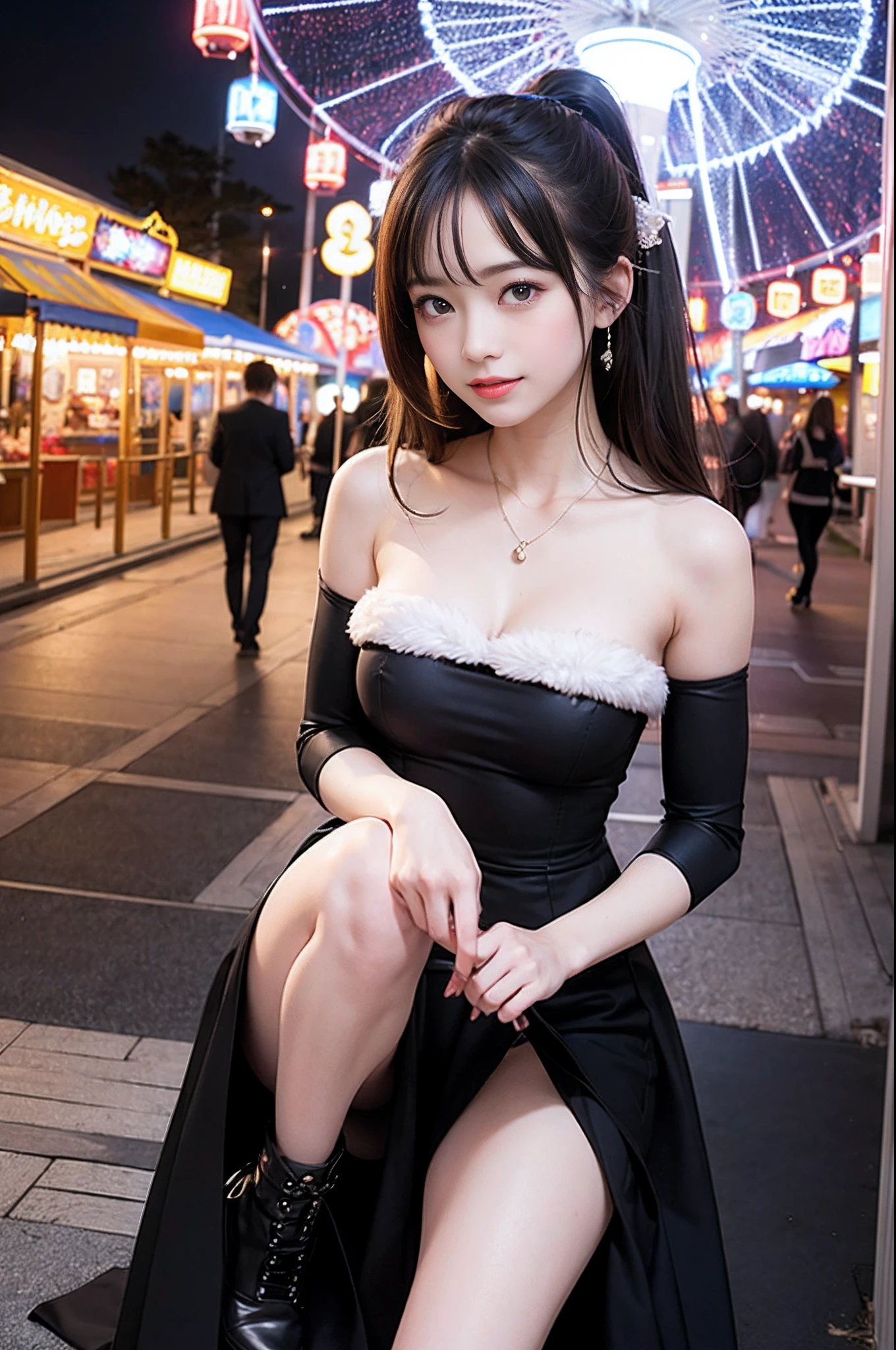 (8K、top-quality、超A high resolution、masterpiece:1.2)、(Photorealsitic:1.4)、(detailed skins:1.3)、1人、Beautiful model at 18 years old、Perfect style、Beautiful Japan actress、Fashionable clothing、Trendy clothes、(Detail Eye) 、A smile、(Night amusement park、Lit up、illuminations)、Luminous balloon、Happiness、the Ferris wheel、merry-go-round、rollercoaster、Elaborate CG 8K wallpapers、dynamicposes、full body Esbian、beautiful lighting、profetional lighting、(foco nítido)