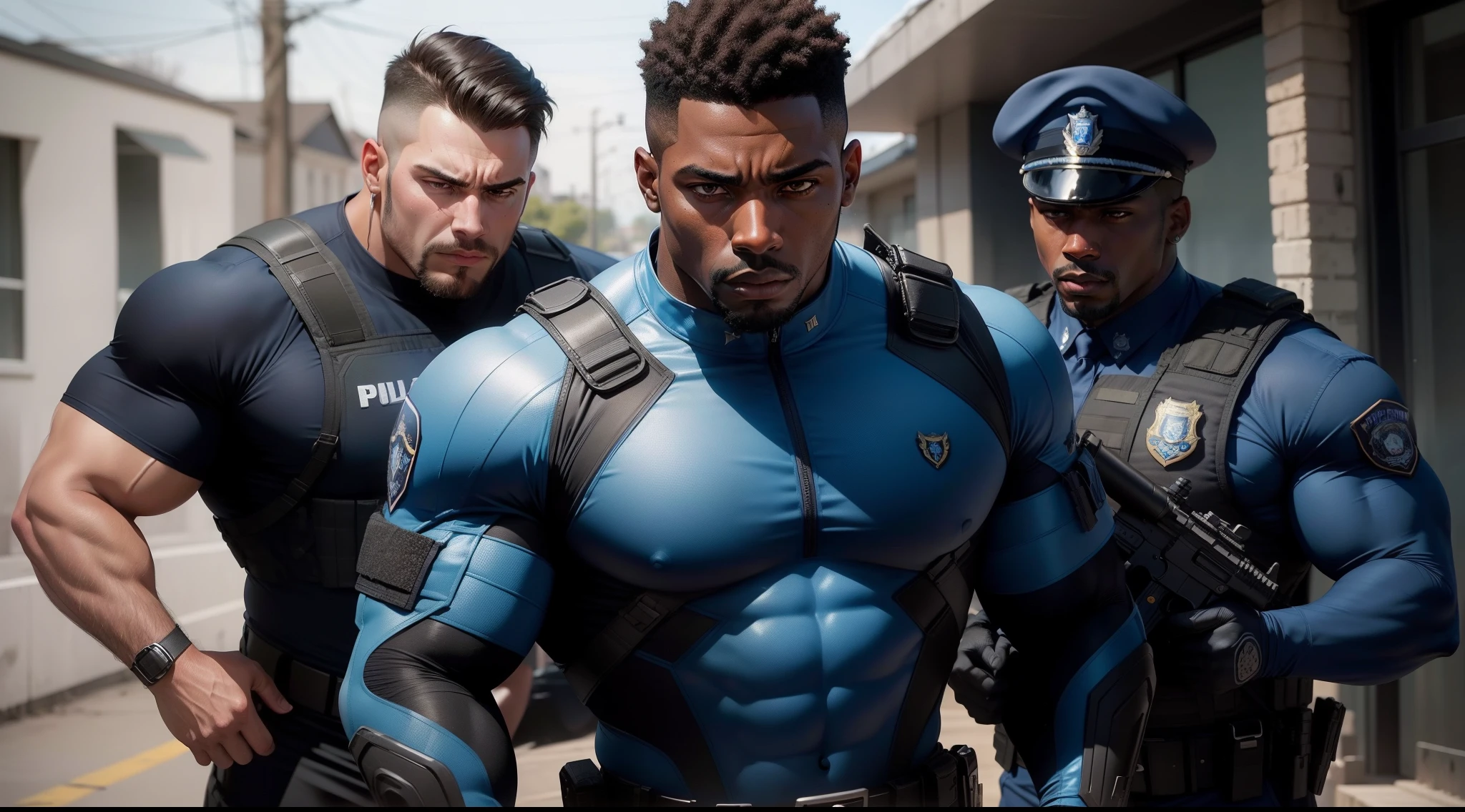 (8k, RAW photo, best quality, masterpiece:1.2), ultra detailed, official art, photo-realistic:1.37, there a distressing scene of an unarmed black man being brutally beaten by five African-American very fat brawny muscular male bodybuilder police officers with muscular arms and short black hair in a blue police uniforms posing for a picture, a portrait by Randy Vargas, tumblr, dada, scary attire, wearing a tactical blue police uniform, scary blue police uniform, body armor blue police uniform, killer in a tactical blue police uniform, tactical blue police uniform, very scary outfit, they are wearing a blue police uniforms, Tactical gear, wearing blue police uniform, tactical blue police uniform clothes, dark skinned Black African-American