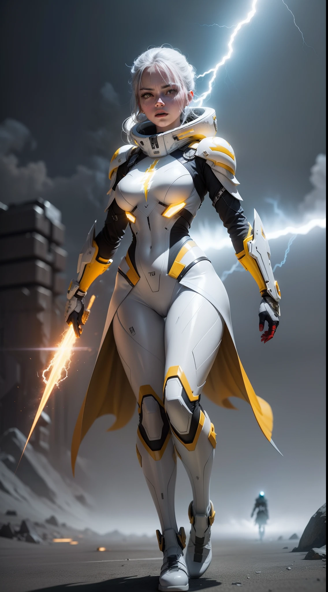 A futuristic warrior woman walks the strange white and yellow planet in the darkness of the universe,full bodyesbian, High definition, Studio photo lighting, Gray brightness detail, 。.。.3D, 4D, Realistic style, film effect, with lightning bolts, Energy atmosphere, Plasma details