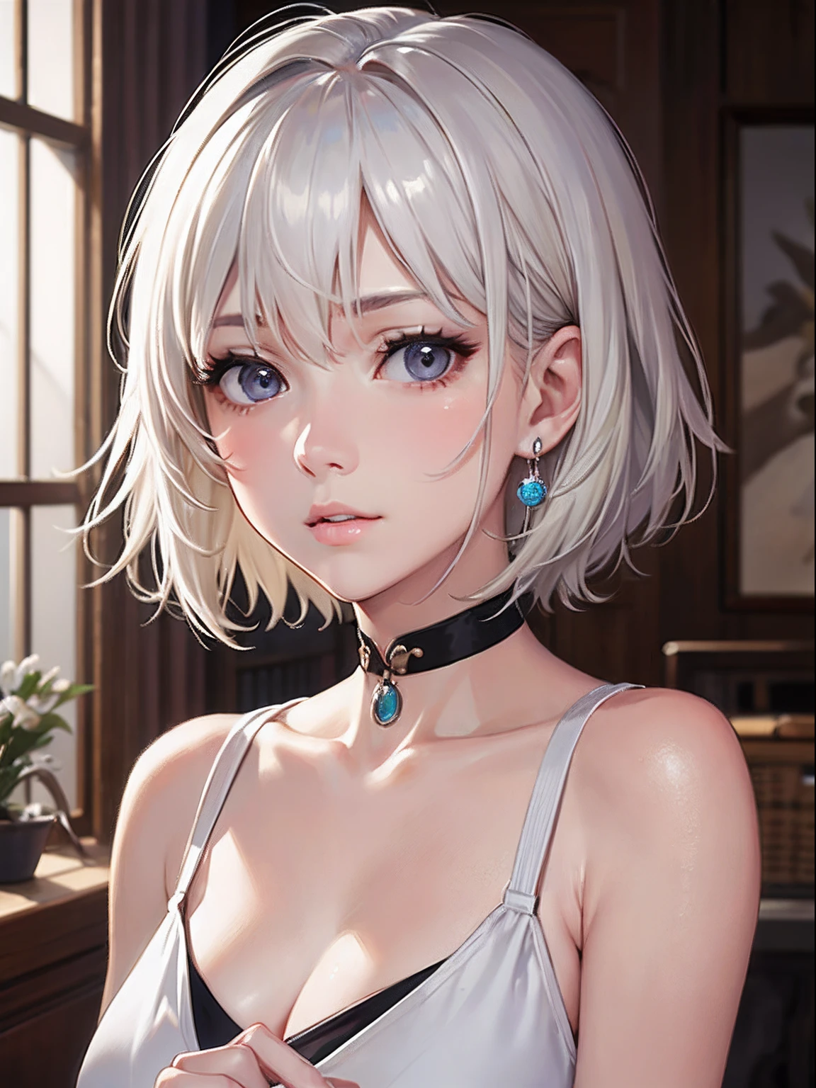 ((Best Quality, 8K, Masterpiece: 1.3)), Sharp Focus: 1.2, Beautiful Woman with Perfect Figure: 1.4, Slim Belly: 1.2, ((Layered Hairstyle, Room: 1.2)), (Black Lace Bra) (Small but Beautiful Hard) (Thin and Wet Buttons Until Shirt Length: 1.1), (White Shirt Wet by Rain), (Rain, Street: 1.2), Wet Body: 1.1, Highly Detailed Facial and Skin Texture, Detailed Eyes, Double Eyelids, White Skin, Sexy, Red Pupils, the woman's face is like a work of art, the facial features are perfectly balanced, symmetrical, her eyes are bright red, shining with wisdom and curiosity, (photon mapping, radiosity, physically based rendering, automatic white balance)