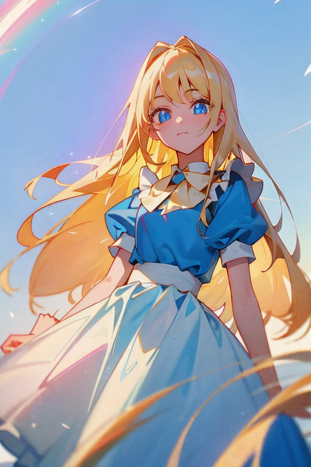sthe highest qualit、Ultra high Resolution、Photograph、Ultimate bright beautiful and cute beautiful girl photo、detailed faces、(PureErosface_V1:0.008)、Glossy white beautiful skin、Alice in Wonderland、13歳、Lustrous bangs、Super long straight hair with shiny platinum blonde、Beautiful light blue eyes that shine、white apron、blue dress、