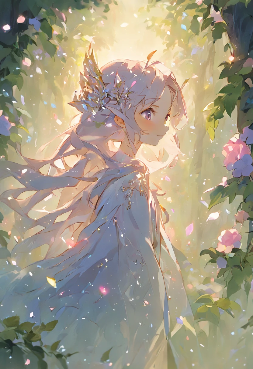 Image type：illustration、Fantasy painting theme：tiny faeries(Highest definition)(cute facial features) Details keywords：ln the forest、Wisteria rose、As estrelas、the elf、(ultra intricately detailed) enviroment：mistic、peacful、Huge lighting effects：Soft sunlight shines on the face of the elf composition：Genie in the center of the picture，Forests and wisteria roses form the background，Genie looking at wisteria tree art style：fanciful、dream magical、Delicate drawing technique、pastelcolor