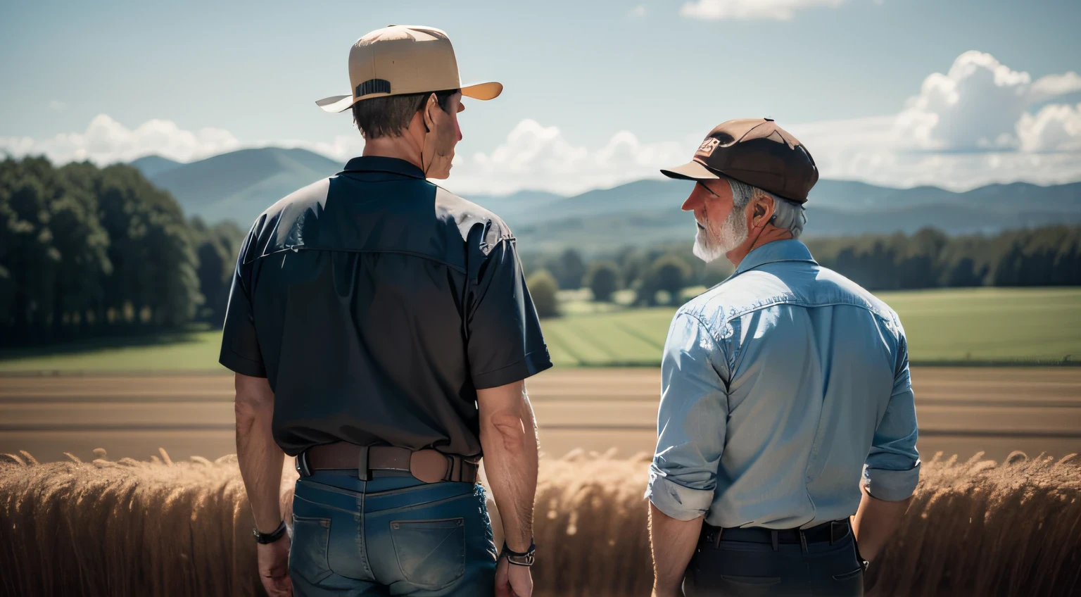 Middle-aged farmer man standing on his back on his farm talking to a friend