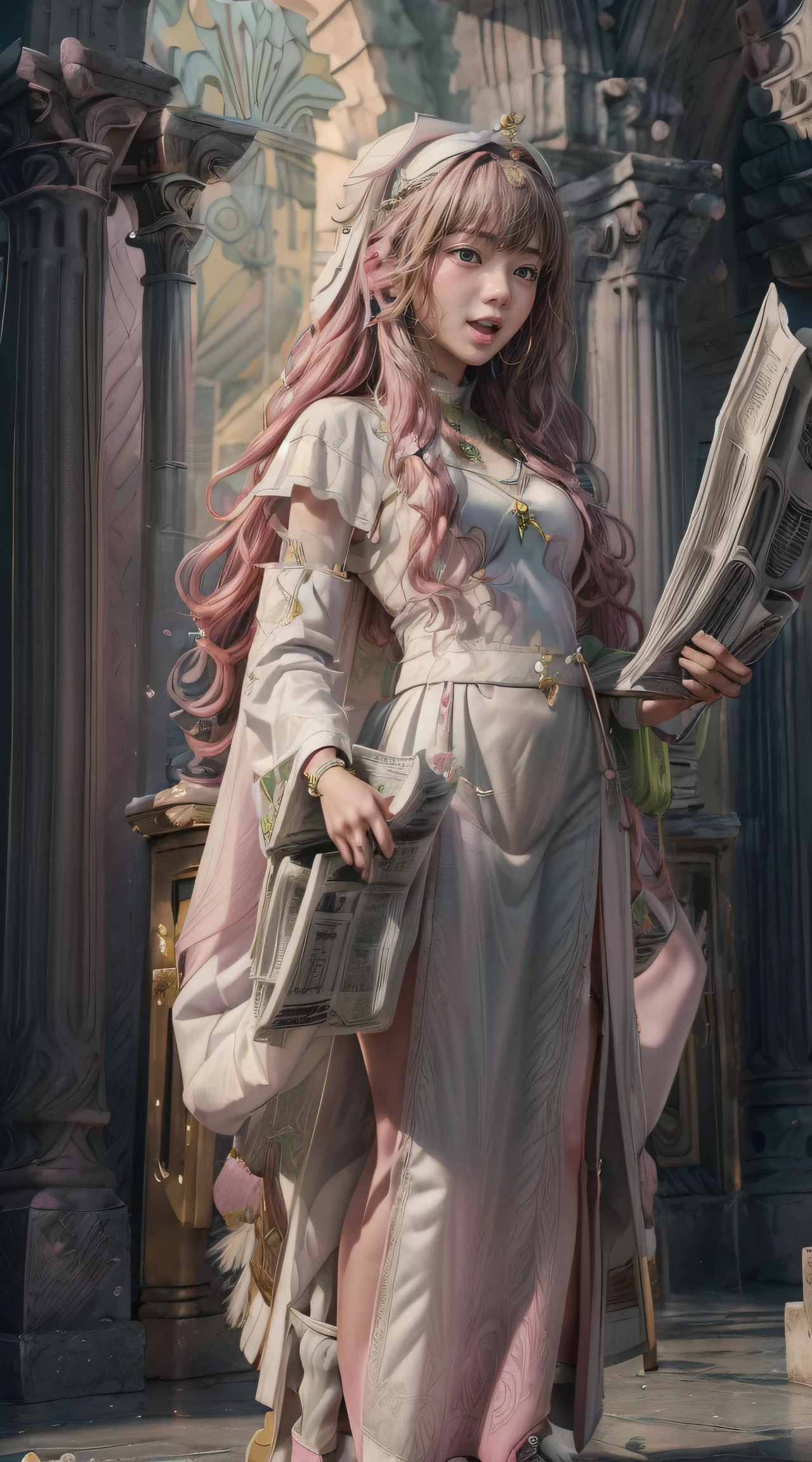 masterpiece, Highly detailed, super realistic, detailed background, bright Lighting, Daylight, beautiful face, beautiful eyes,
 medieval style, 4k, 8k, 1girl, solo, 
(-yeld magl princess:1.2), (pretty face),(pink-wavy-hair and green-eyes:1.5),
wearing (White Archbishop's ceremonial long dress:1.5), (Golden bracelet), (tube top), (Necklace), (Jewelry), (slender:1.5),
 (small breasts), (pretty face), (loli), (loing away),(Roman sandals:1.5),
(in the Royal Palace Living Room),(Standing up and reading the newspaper:1.5),
(surprised),(Open mouth),