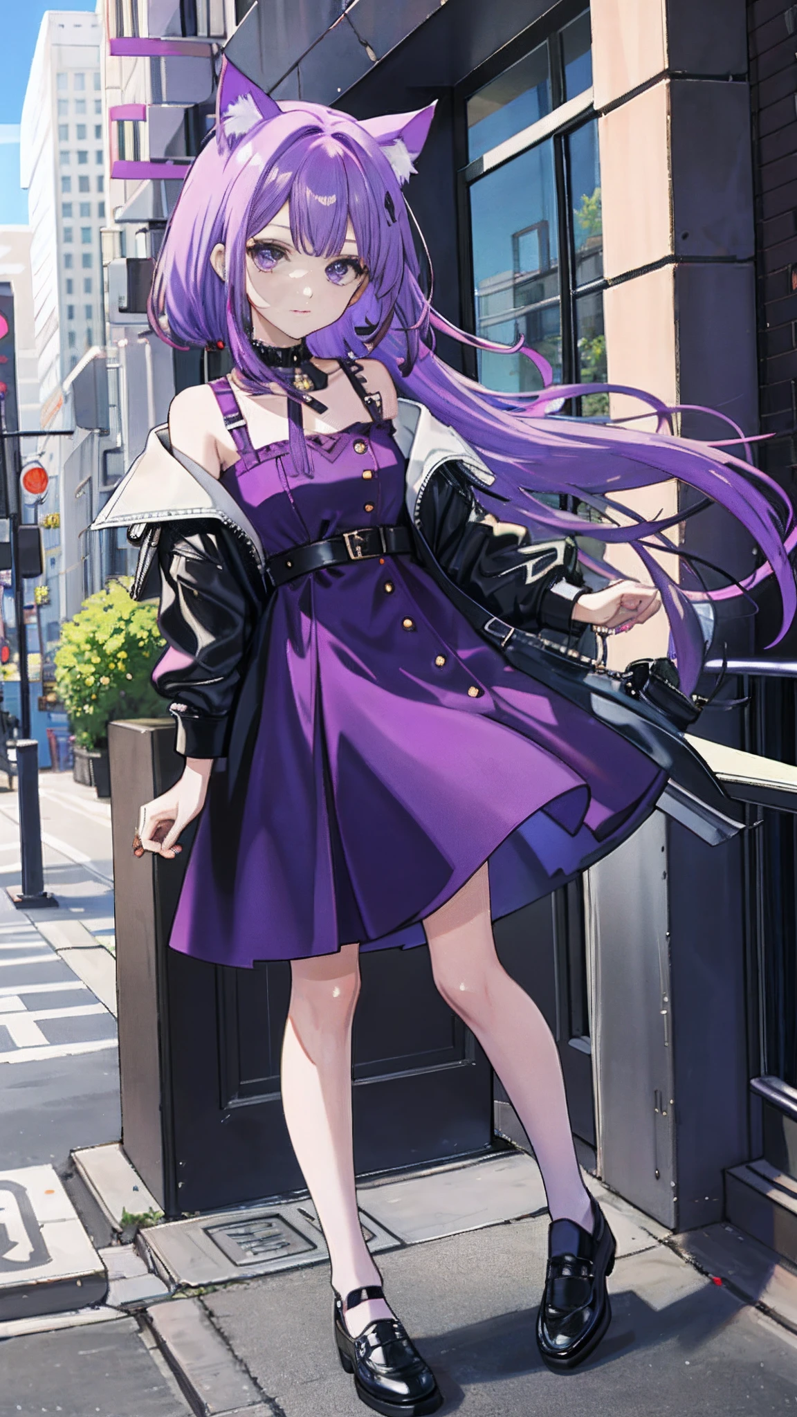 Purple colored hair,Dress dress,stocklings,cat ear,leather shoes