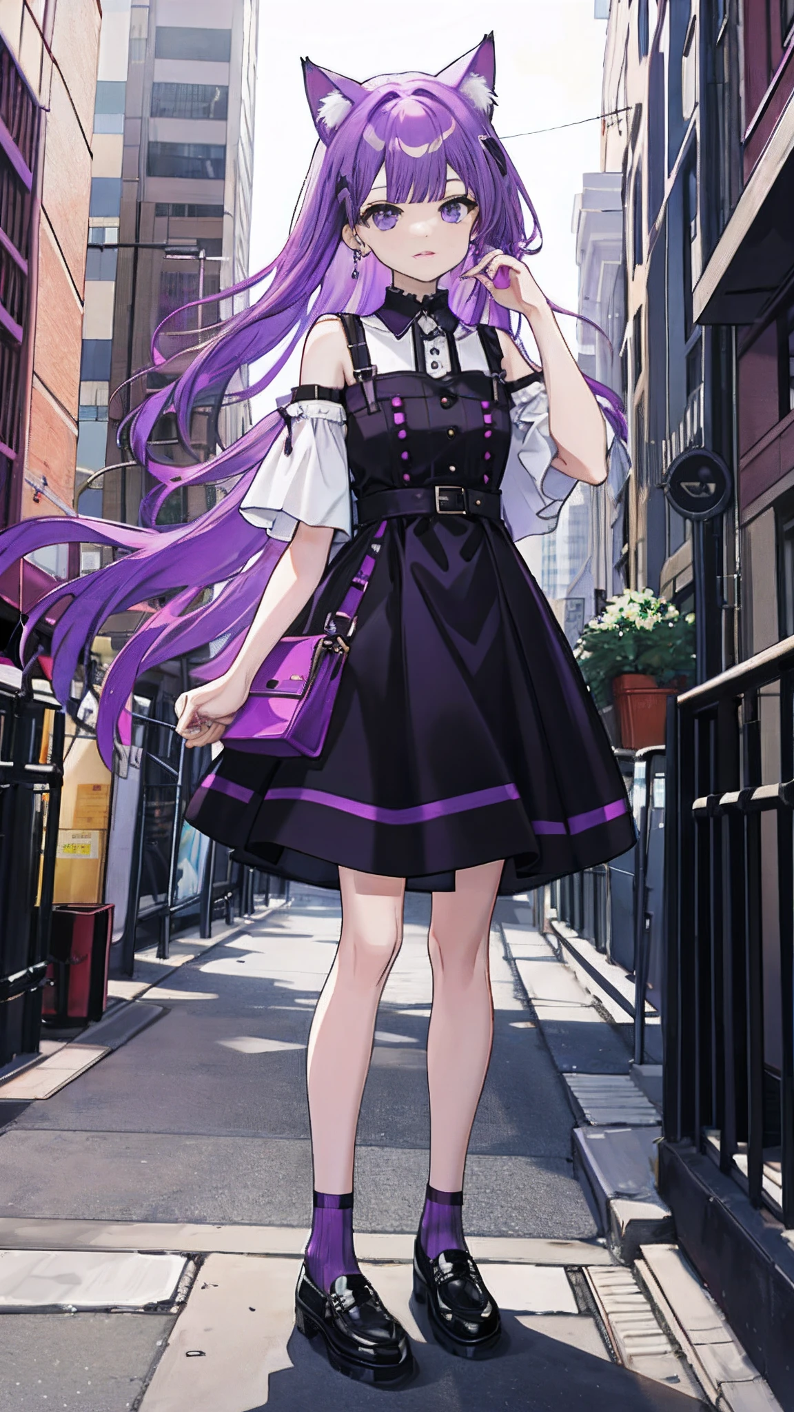 Purple colored hair，Dress dress，stocklings，cat ear，leather shoes