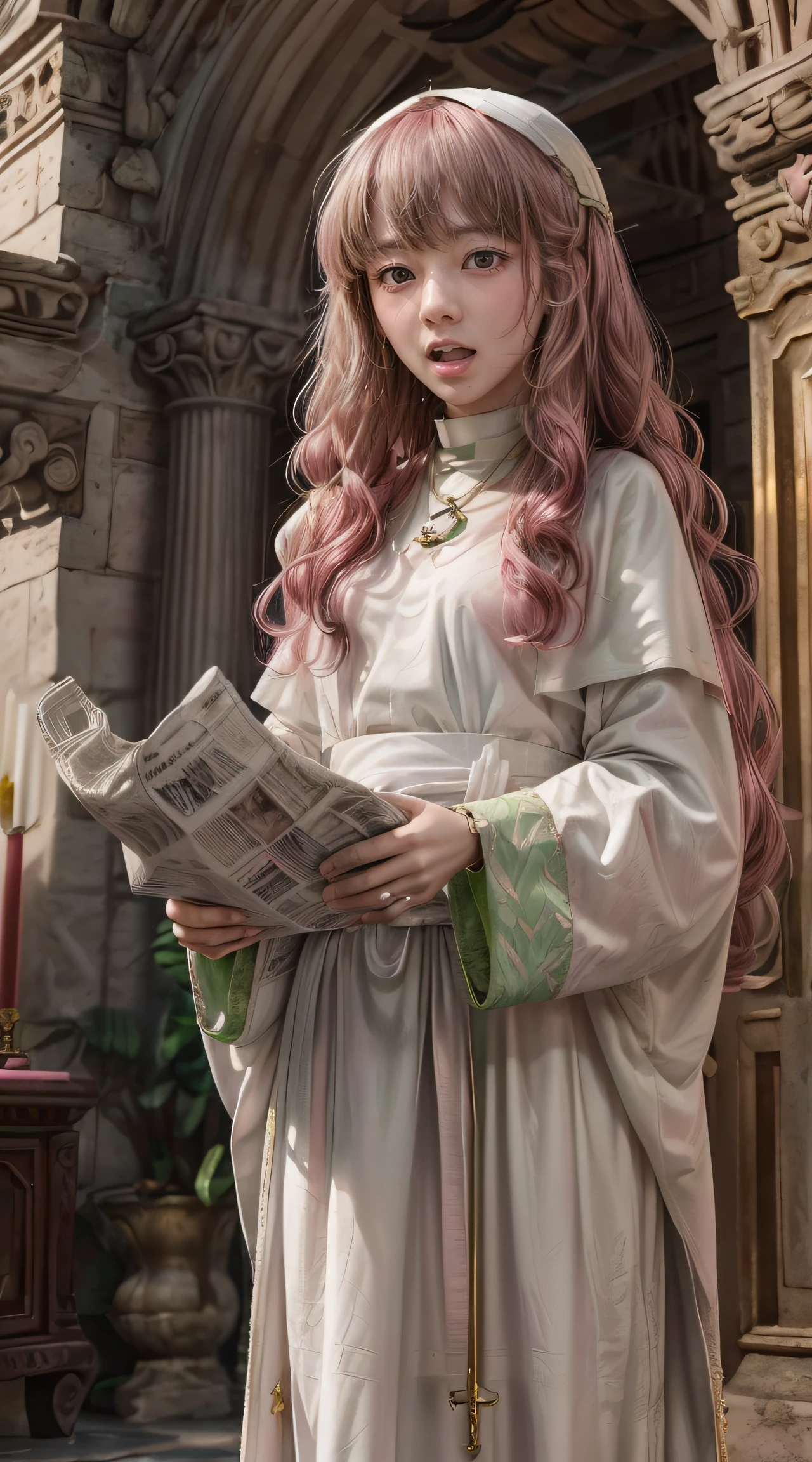 masterpiece, Highly detailed, super realistic, detailed background, bright Lighting, Daylight, beautiful face, beautiful eyes,
 medieval style, 4k, 8k, 1girl, solo, 
(14-years-old magical princess:1.2), (pretty face),(pink-wavy-hair and green-eyes:1.5),
wearing (White Archbishop's ceremonial long dress:1.5), (Golden bracelet), (tube top), (Necklace), (Jewelry), (slender:1.5),
 (small breasts), (pretty face), (****), (looking away),(Roman sandals:1.5),
(in the Royal Palace Living Room),(Standing up and reading the newspaper:1.5),
(surprised),(Open mouth),