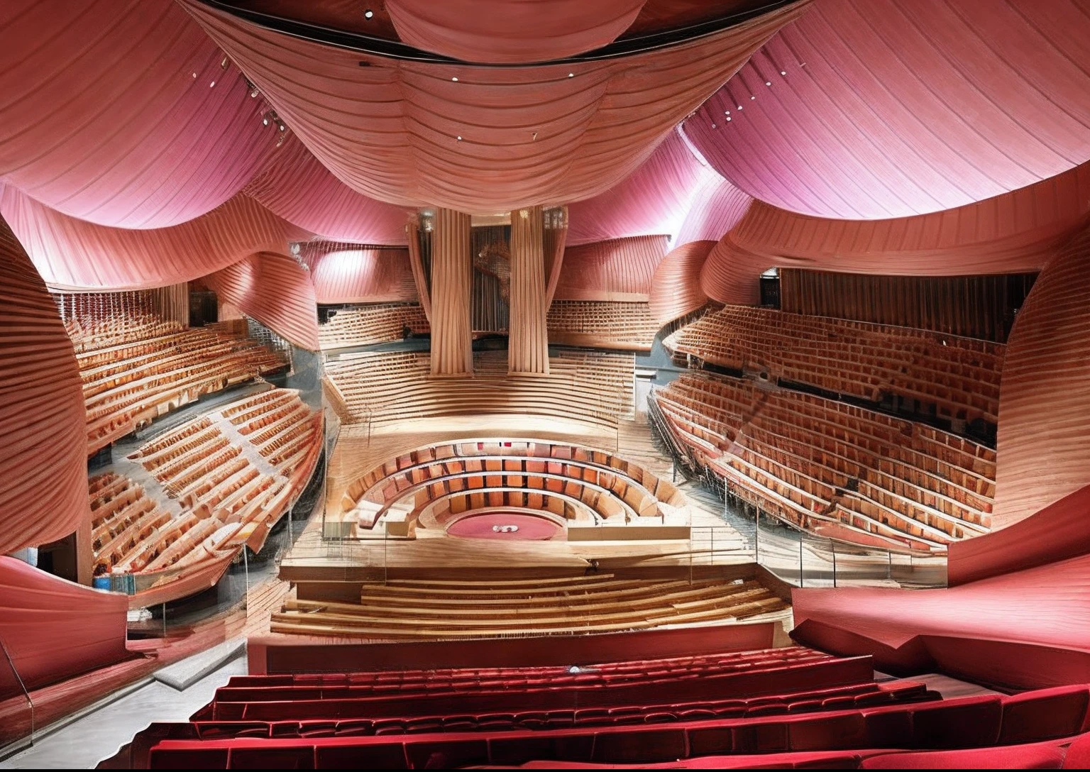 an audience is sitting in an auditorium full of people, in the style of spirals and curves, dazzling cityscapes, dark pink and dark beige, organic shapes and curved lines, musical academia, monumental ensembles, eco-friendly craftsmanship --ar 3:2