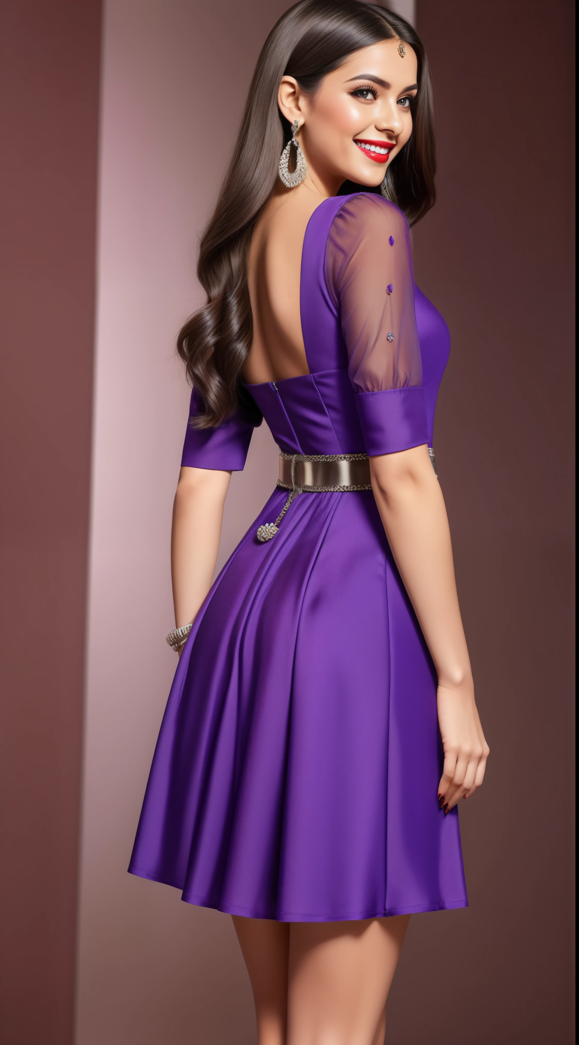 full body ,a cute young beautiful lady wearing a purple fit and flare dress square neck and puffed sleeve, red lips, long brunette hair , purple high heels, waist belt, purple dangling earrings, smiling, looking very beautiful and a little sexy, red small bindi, wearing silver bracelet, red long nails, showing her sexiness from her back side view
