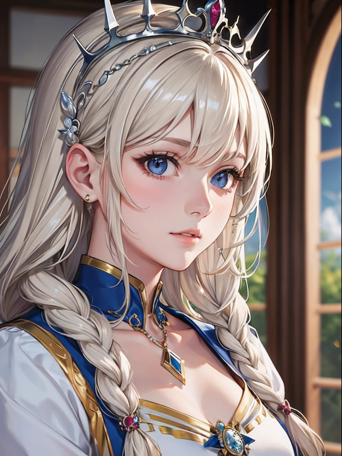 masterpiece、top-quality、hight resolution、High-quality images、8K、1maidennurse、detaileds、the detail、Detailed eye depiction、skin gloss、shinny hair、platinum-blonde、Long braided hair、Soft hair、anastasia、coronation ceremony、Young queen、