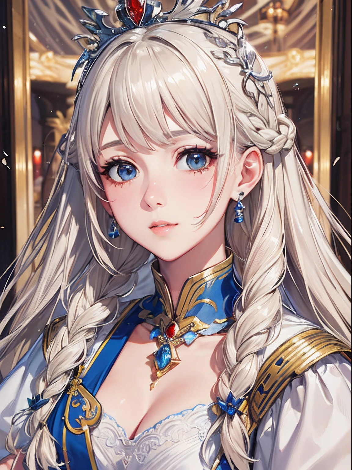 ​masterpiece、top-quality、hight resolution、High-quality images、8K、１maidennurse、detaileds、the detail、Detailed eye depiction、skin gloss、shinny hair、platinum-blonde、Long braided hair、Soft hair、anastasia、coronation ceremony、Young queen、