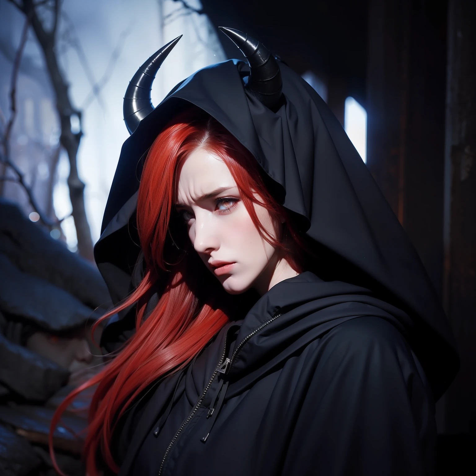 The woman, with red hair, orange eyes, black horns, hood, cry, sad, hurt, gloomy dark background, shrouded spirit, black horns, pinnacle, forest, cry