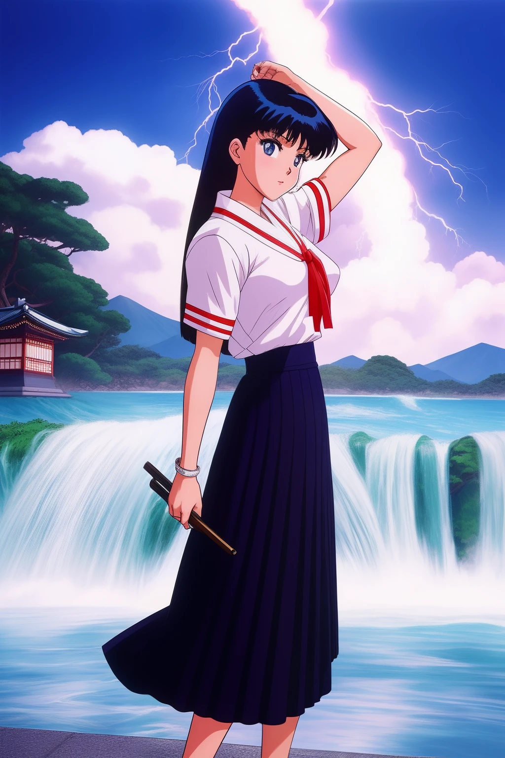 On the edge of a bustling, dull Japanese city , where the city skyline can be seen in the background , a masterful and ultra-realistic candid portrait of a yakuza girl dressed in a very old Japanese school uniform, long skirt that goes down to her feet , long straight black that cascade like a waterfall, Her mesmerizing eyes hold the essence of lightning to match her thunderous personality , capturing the essence of retro anime. Every facial feature is rendered with an exceptional level of detail, evoking the clarity and precision of classic 80s anime art. In this portrait, she embodies the spirit of the Sailor Moon style, making it an exquisite homage to the beloved era of retro anime. Photo taken by Eliot Lee with a Nikon Z6 and a prime 85mm lens. Award Winning Photography style, Fine Art, 8K, Ultra-HD, Super-Resolution. --v 5 --q 2