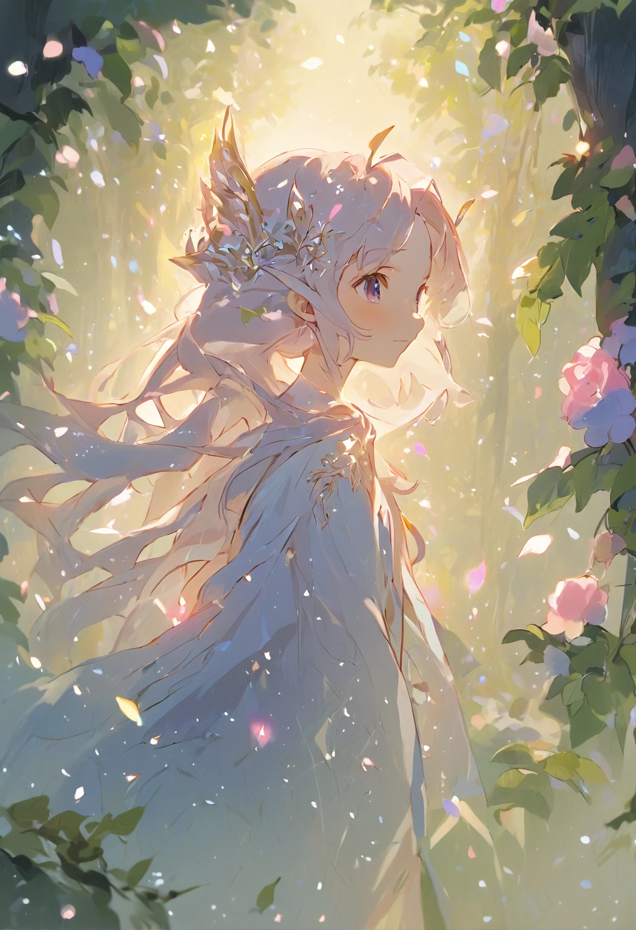 Image type：illustration、Fantasy painting theme：tiny faeries(Highest definition)(cute facial features) Details keywords：ln the forest、Wisteria rose、As estrelas、the elf、(ultra intricately detailed) enviroment：mistic、peacful、Huge lighting effects：Soft sunlight shines on the face of the elf composition：Genie in the center of the picture，Forests and wisteria roses form the background，Genie looking at wisteria tree art style：fanciful、dream magical、Delicate drawing technique、pastelcolor