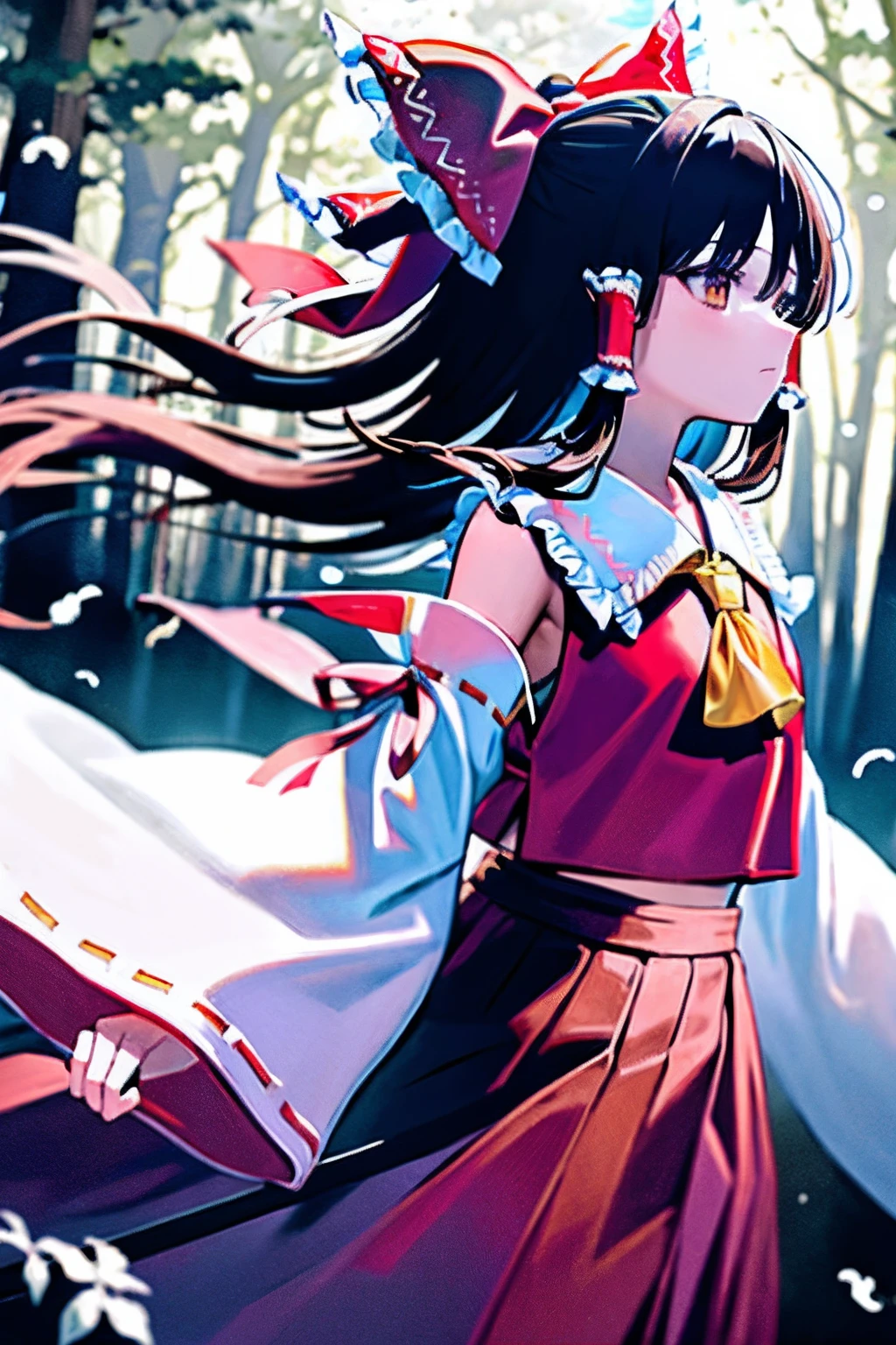 detailed background, masterpiece, best quality, 1girl, hakurei reimu, brown hair, hair tubes, hair ribbon, brown eyes, nontraditional miko, a forest full of purple and white trees, fireflies, water, purple theme, white theme, mystical, magical,