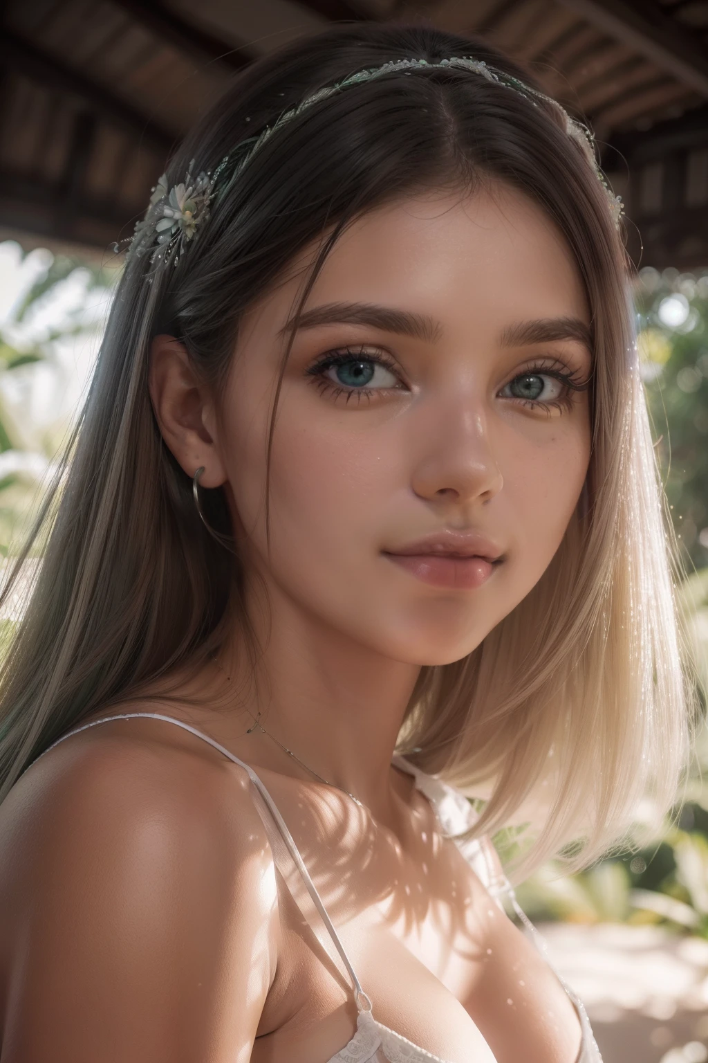 ((melhor qualidade)), ((obra-prima)) ((ultra res)), ((fotorrealista:1.4)), (detalhes complexos), 18 anos, olhos verdes, full body, White dress, rosto perfeito, maquiagem:1.5, luz no rosto, (detalhe facial com suor)