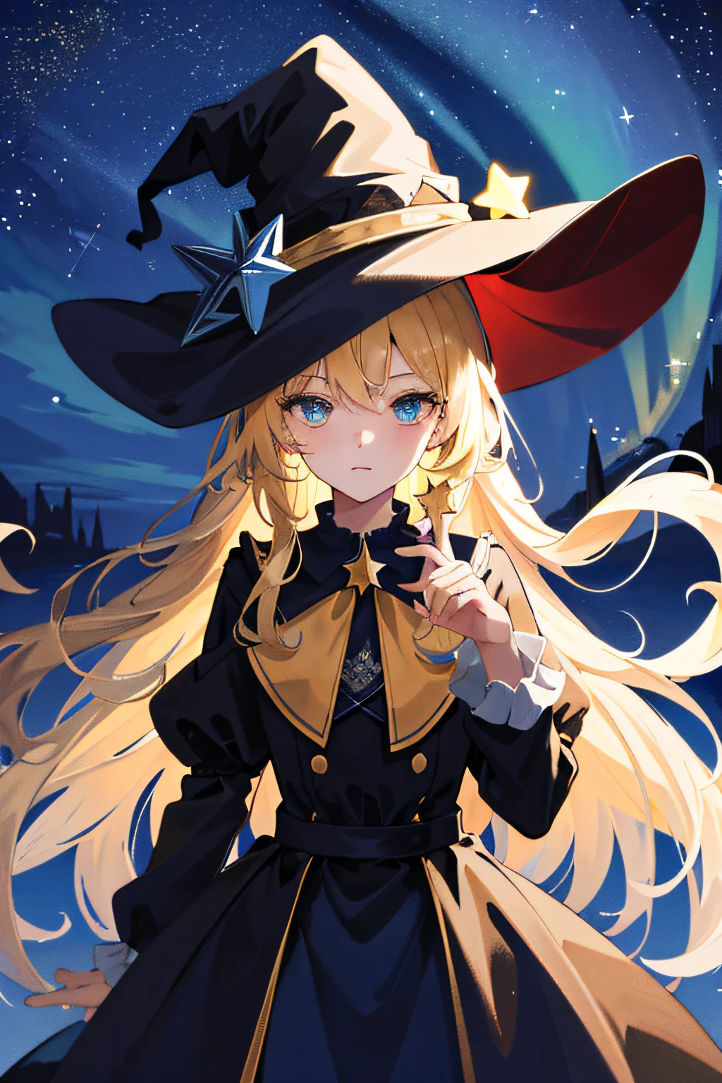 ((Masterpiece:1.2, Best quality)), 1girll, Solo, (Witch hat), Blonde hair, Long hair, dress, aurora, Night, Star (sky), mitts, sky, White dress, Night days