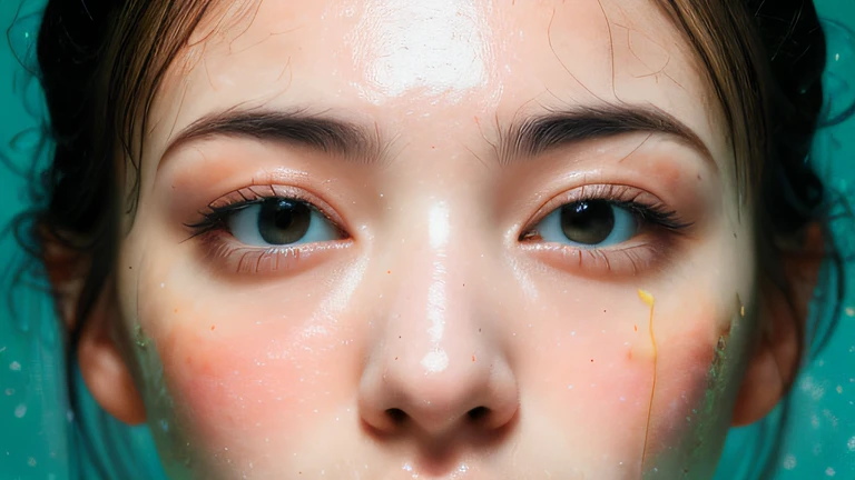 ((top Quority,8k,tmasterpiece:1.3)),woman(Lean hot spring),perspired,Water droplets on the forehead of the face,exteriors,background urban cityscape,Overhead,Sharp focus:1.2,cute women:1.4,((Layered Hair Style)),(white shirt),Very detailed face and skin and hair texture,Knotted brunette hair,Wet textured hair,Moist body,Detailed eyes, 二重まぶた,White skin of the,Beautiful legs, beautiful delicate nose,cute young woman,15year old,dynamic angle,Deleite para la vista,Compositional suggestiveness,while emphasizing the subject's hair,The eye,Mouth and movements,At the same time, it exudes a melancholic mood characterized by calming tones and a mixture of contrasts of light and shadow。