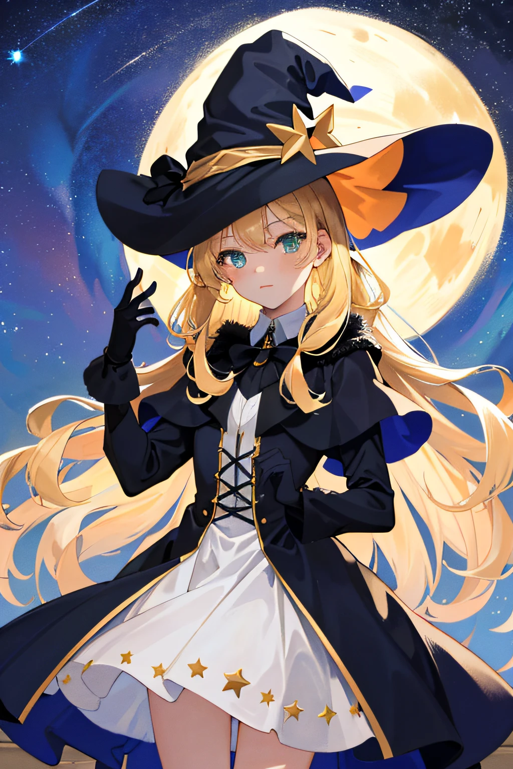 ((Masterpiece:1.2, Best quality)), 1girll, Solo, (Witch hat), Blonde hair, Long hair, dress, aurora, Night, Star (sky), mitts, sky, White dress, Night days