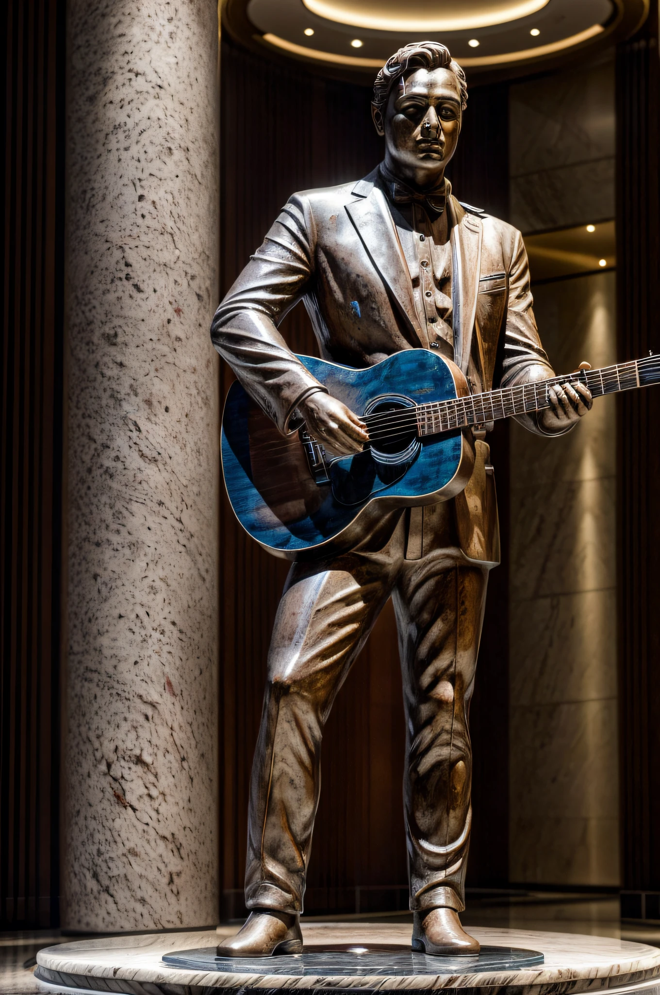 realistic portrait photo of a statue made of Thassos Marmor showcasing (singer Jonny Cash) standing bold on a black socket in the lobby of a luxury hotel in Las Vegas, best quality, intrique details, ambient light.