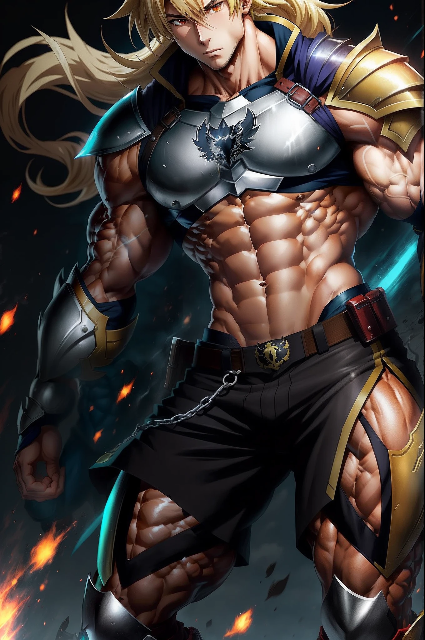 Human, Male, Muscular, Anime style, blonde, golden armour, abs, pecs