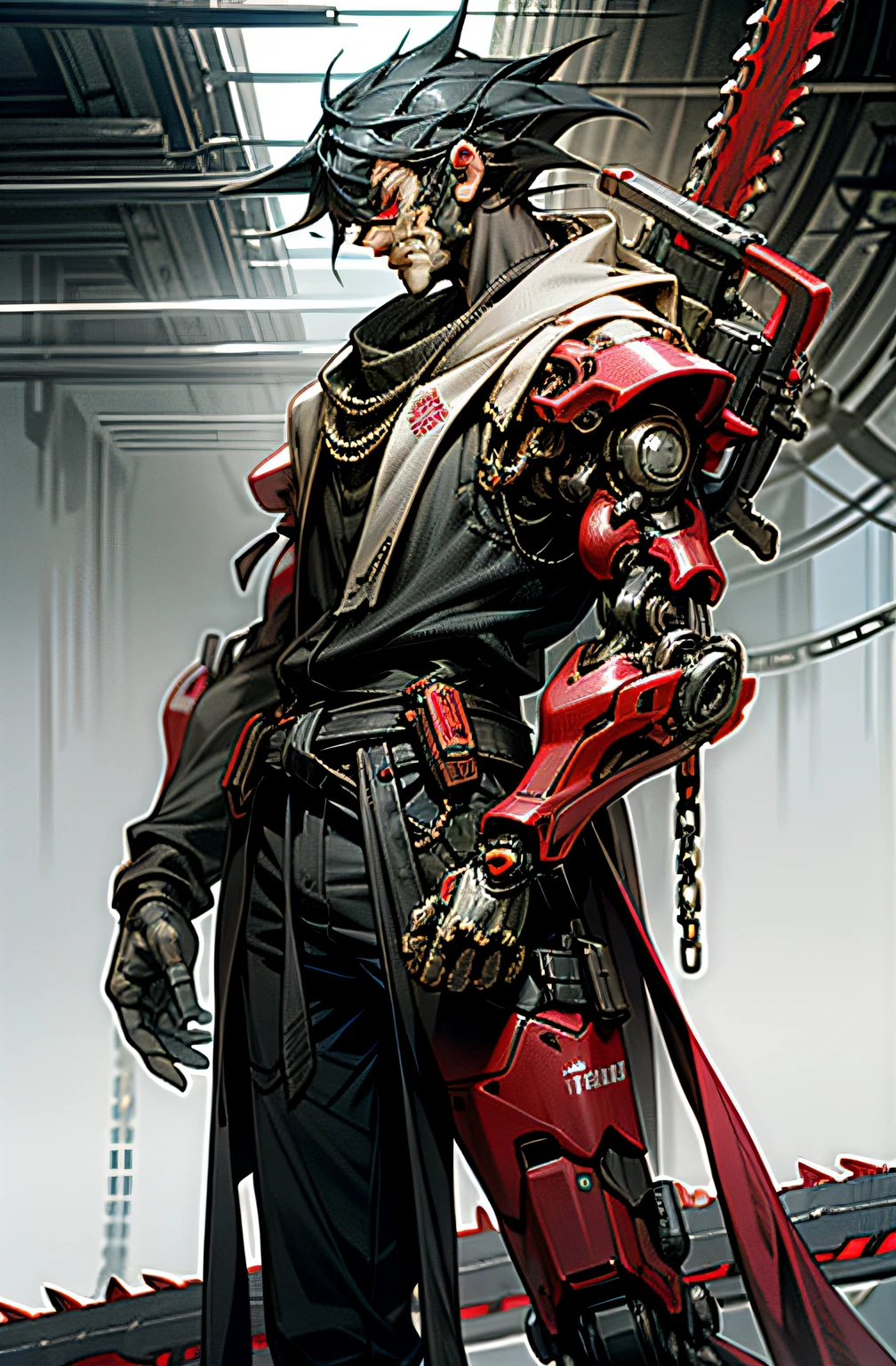 Dark_Fantasy,Cyberpunk,(chain saw,chain saw man,Red:1.1),1man,Mechanical marvel,Robotic presence,Cybernetic guardian,