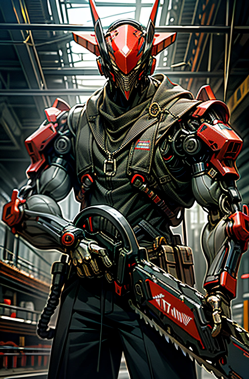 Dark_Fantasy,Cyberpunk,(chain saw,chain saw man,Red:1.1),1man,Mechanical marvel,Robotic presence,Cybernetic guardian,