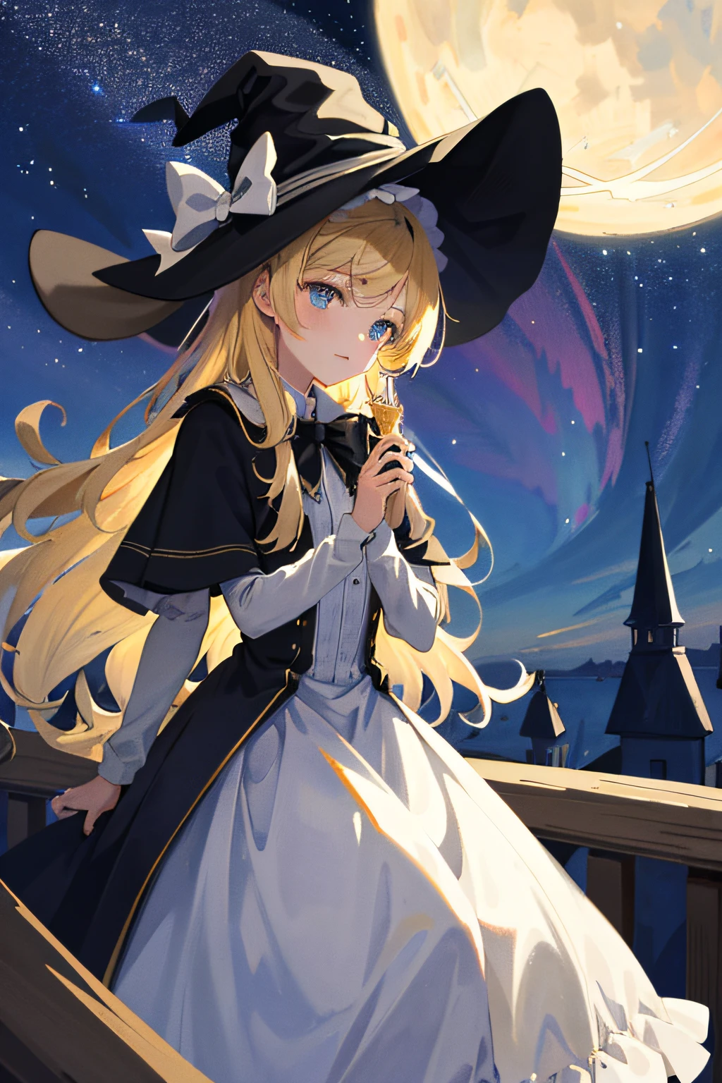 ((Masterpiece:1.2, Best quality)), 1girll, Solo, (Witch hat), Blonde hair, Long hair, dress, aurora, Night, Star (sky), mitts, sky, White dress, Night days