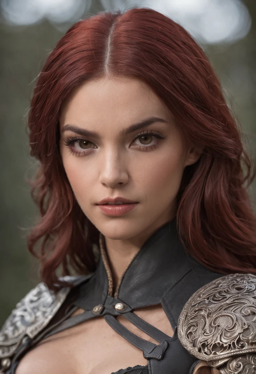 heroine, cabelos vermelhos, olhar forte, armadura em todo o corpo, sword in one hand, pronta para o ataque
